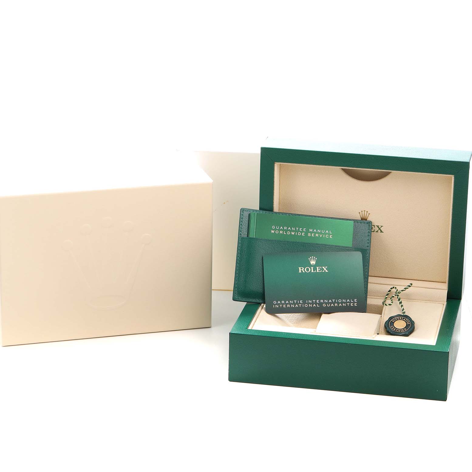 The image shows the packaging and accessories for a Rolex Sea-Dweller M126603 Men's Steel and Gold (two tone) Black Dial, including the box, manuals, and tags.