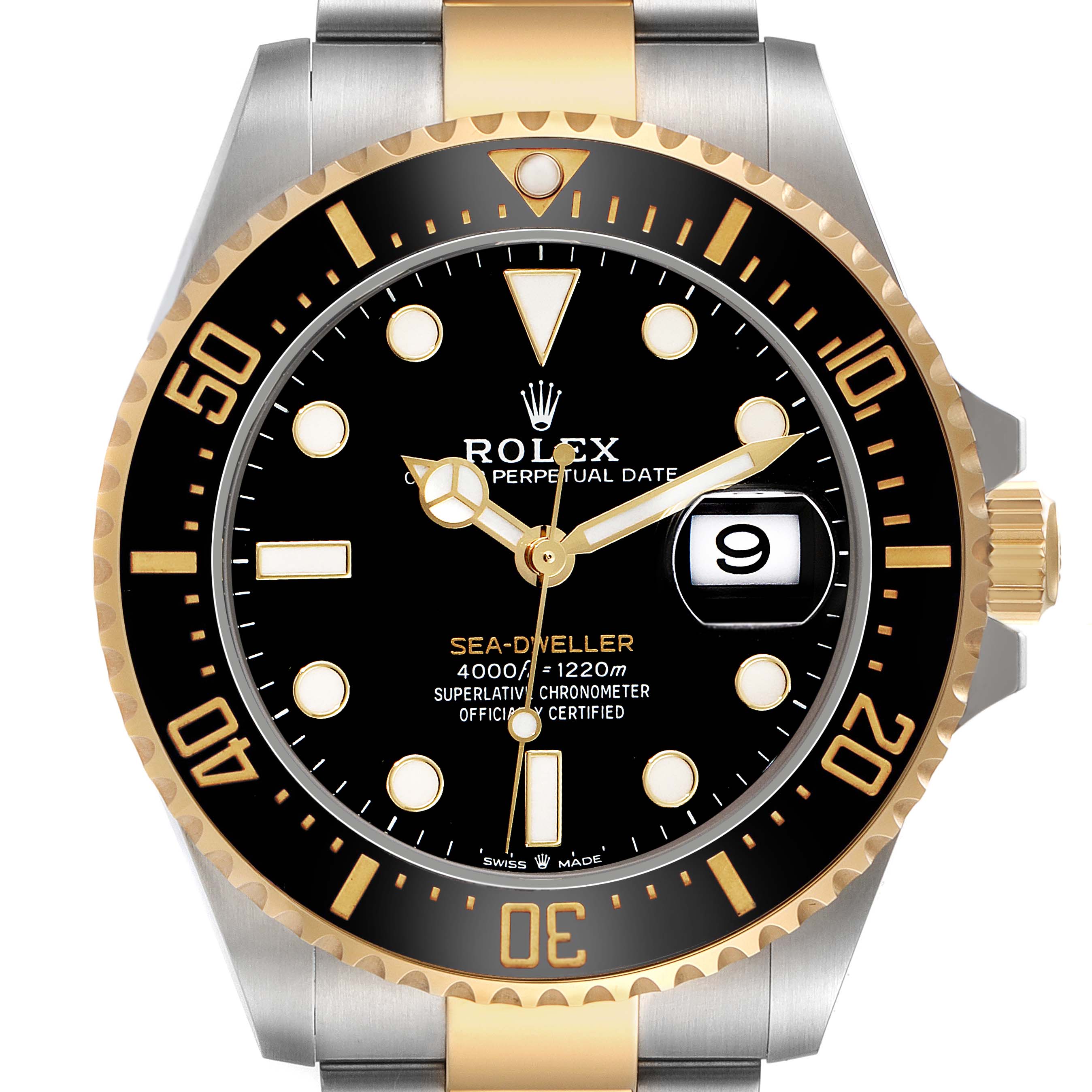 The Rolex Sea-Dweller M126603 Men's Steel and Gold (two tone) Black Dial watch is shown from a front angle, highlighting the bezel, dial, and crown with a focus on the date display.