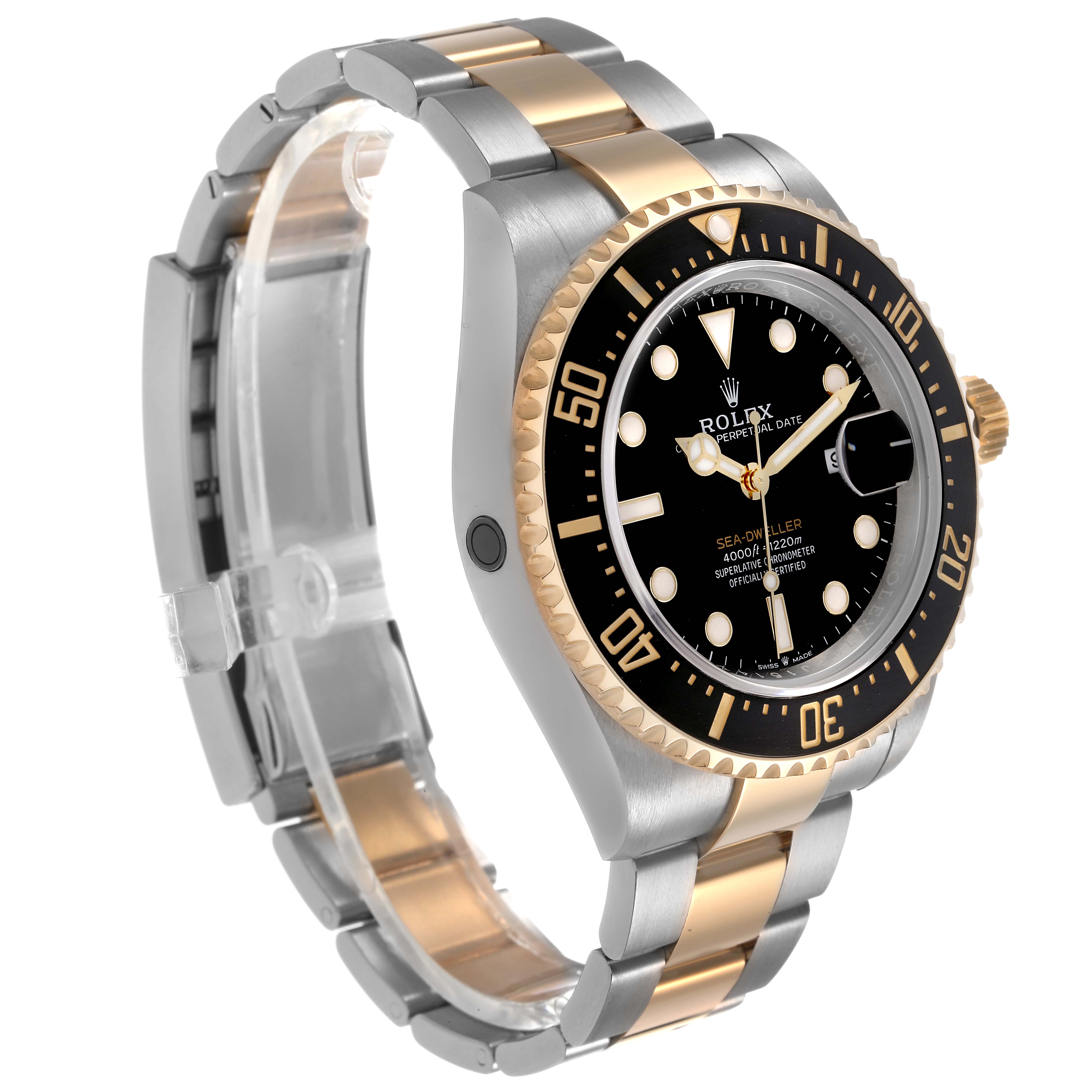 The Rolex Sea-Dweller M126603 Men's Steel and Gold (two tone) Black Dial watch is shown at a three-quarter angle, highlighting the black dial, bezel, and two-tone bracelet.