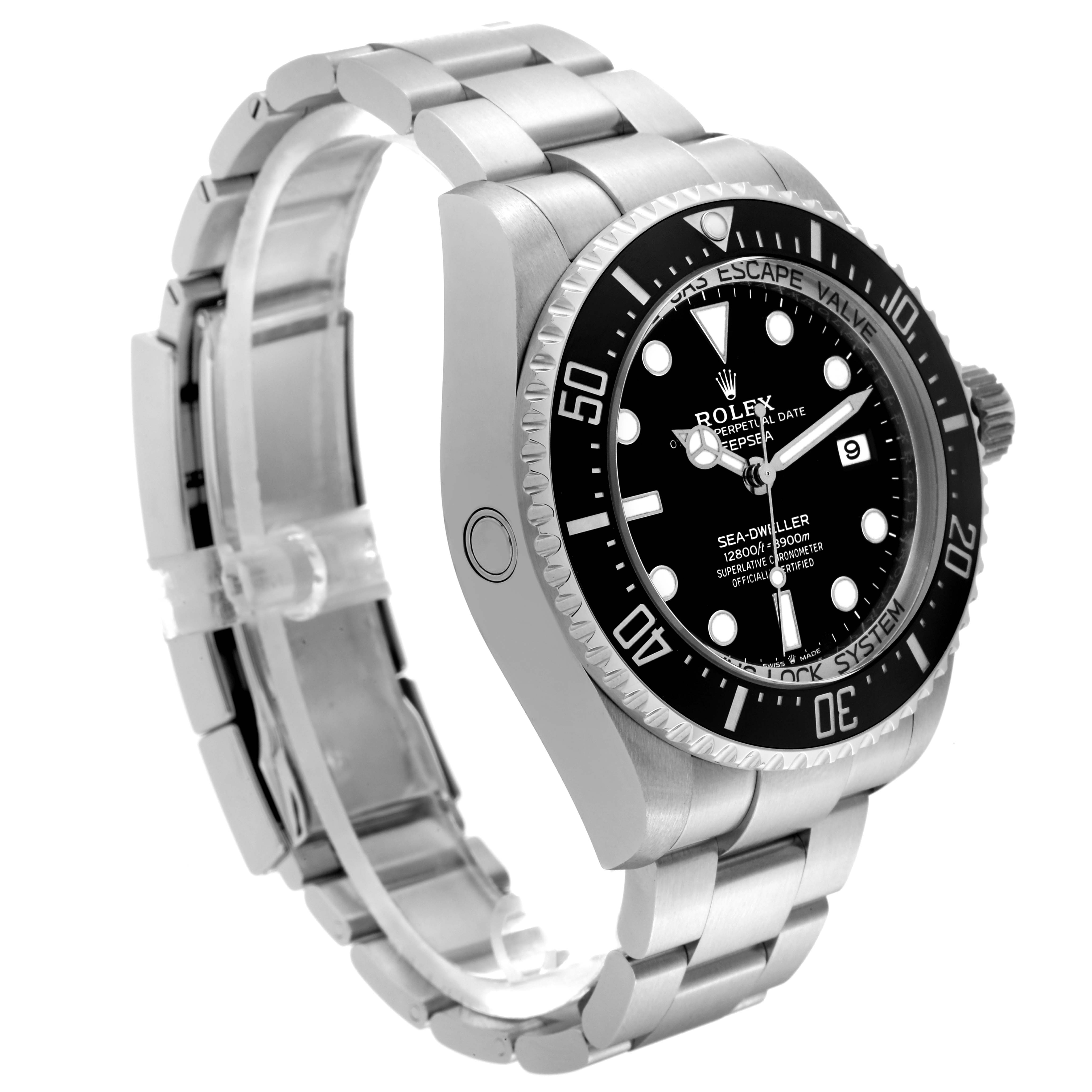 The image shows a side and front angle of a Rolex Sea-Dweller 136660 Men's Stainless Steel Black Dial 136660 Men's Stainless Steel Black Dial watch, highlighting the face, bezel, and bracelet.