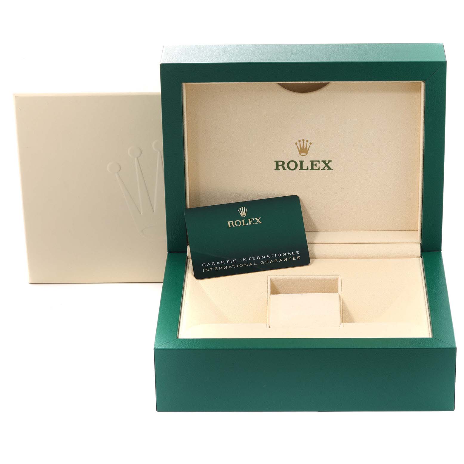 The image shows a Rolex Sea-Dweller 136660 Men's Stainless Steel Black Dial 136660 Men's Stainless Steel Black Dial watch box and international guarantee card, displayed from a front view with an open lid.
