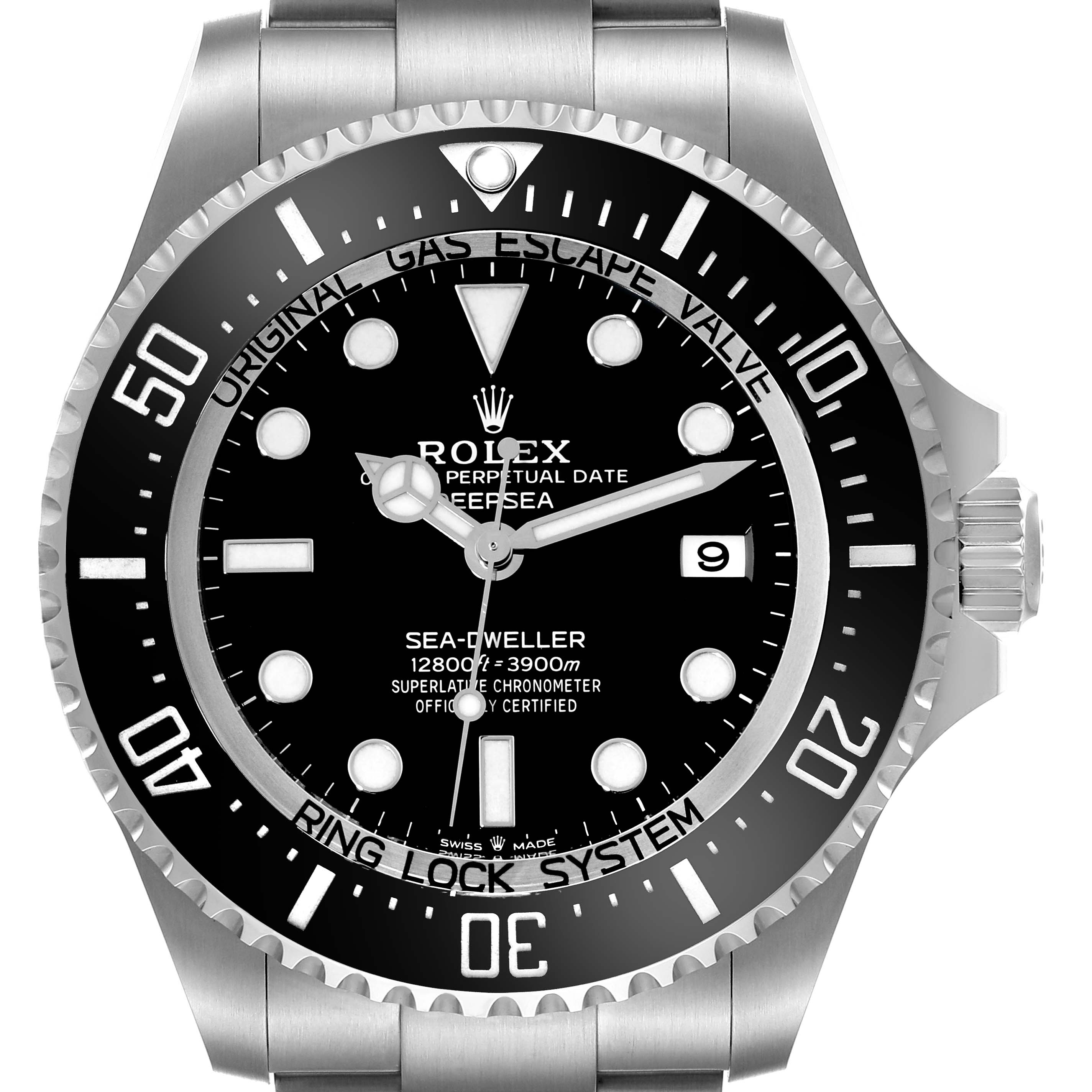 The image shows the front view of a Rolex Sea-Dweller 136660 Men's Stainless Steel Black Dial 136660 Men's Stainless Steel Black Dial watch, highlighting its dial, bezel, and part of the bracelet.