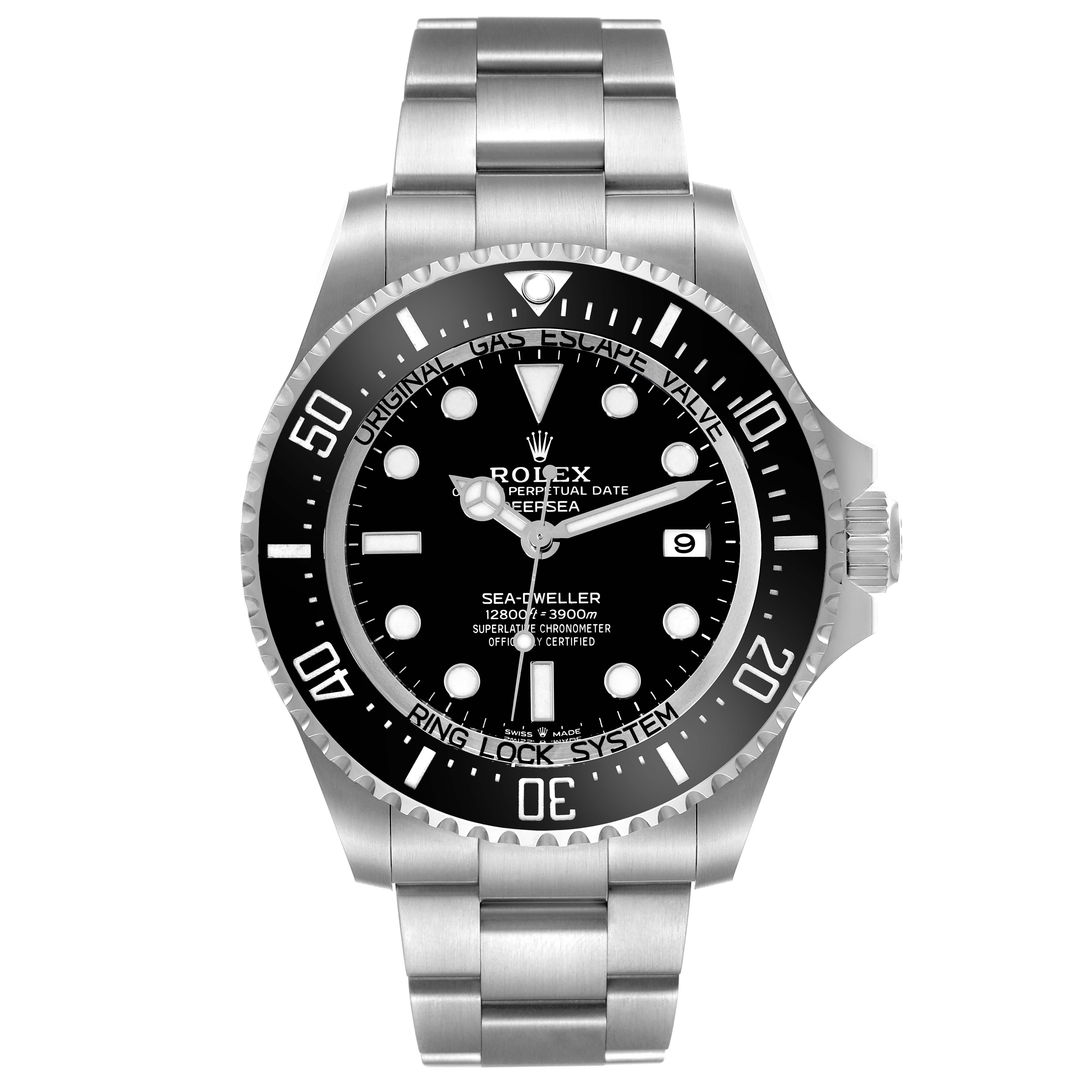 The image shows a front view of a Rolex Sea-Dweller 136660 Men's Stainless Steel Black Dial 136660 Men's Stainless Steel Black Dial watch, highlighting its dial, bezel, bracelet, and crown.