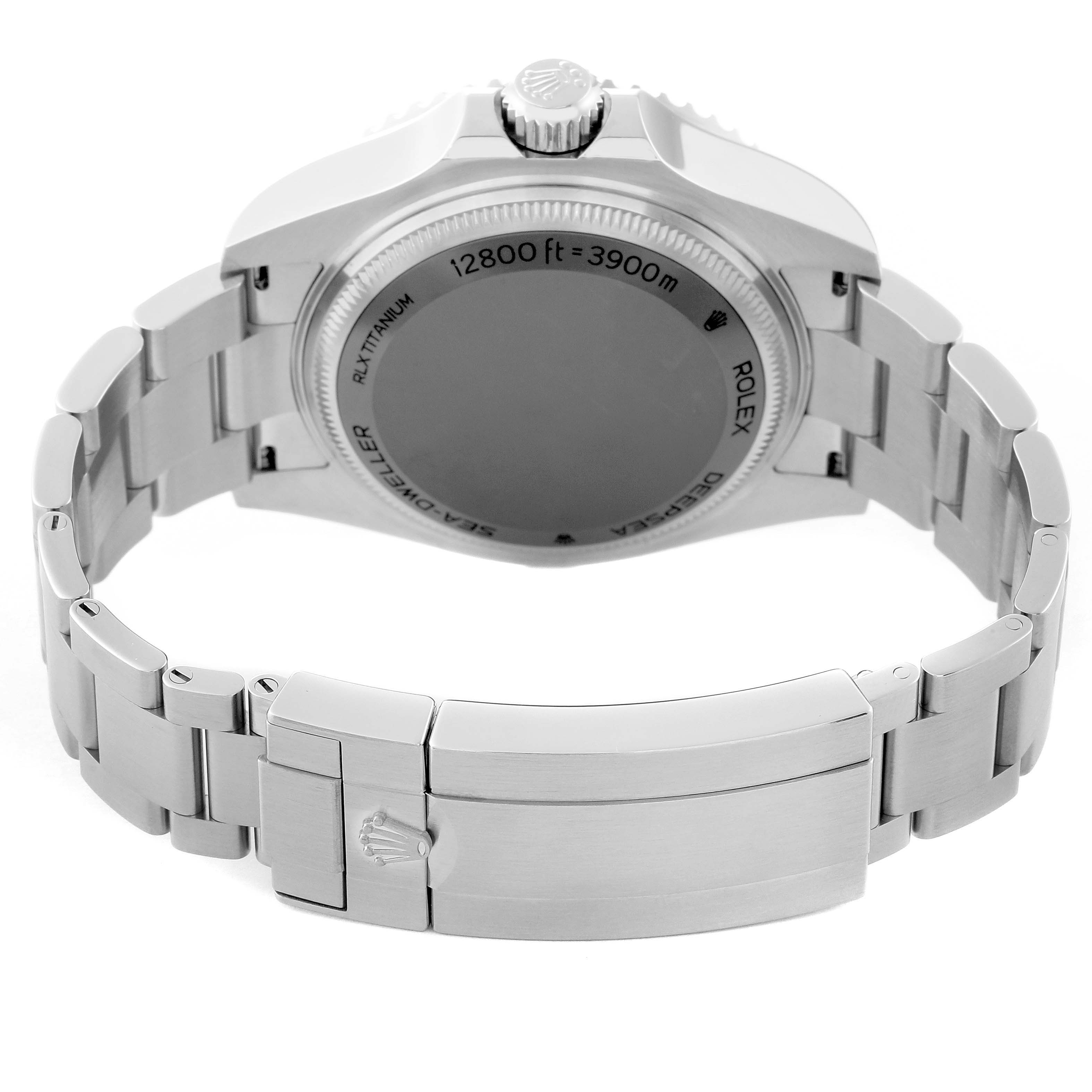 This image shows the back case and bracelet clasp of the Rolex Sea-Dweller 136660 Men's Stainless Steel Black Dial 136660 Men's Stainless Steel Black Dial watch from a rear angle.