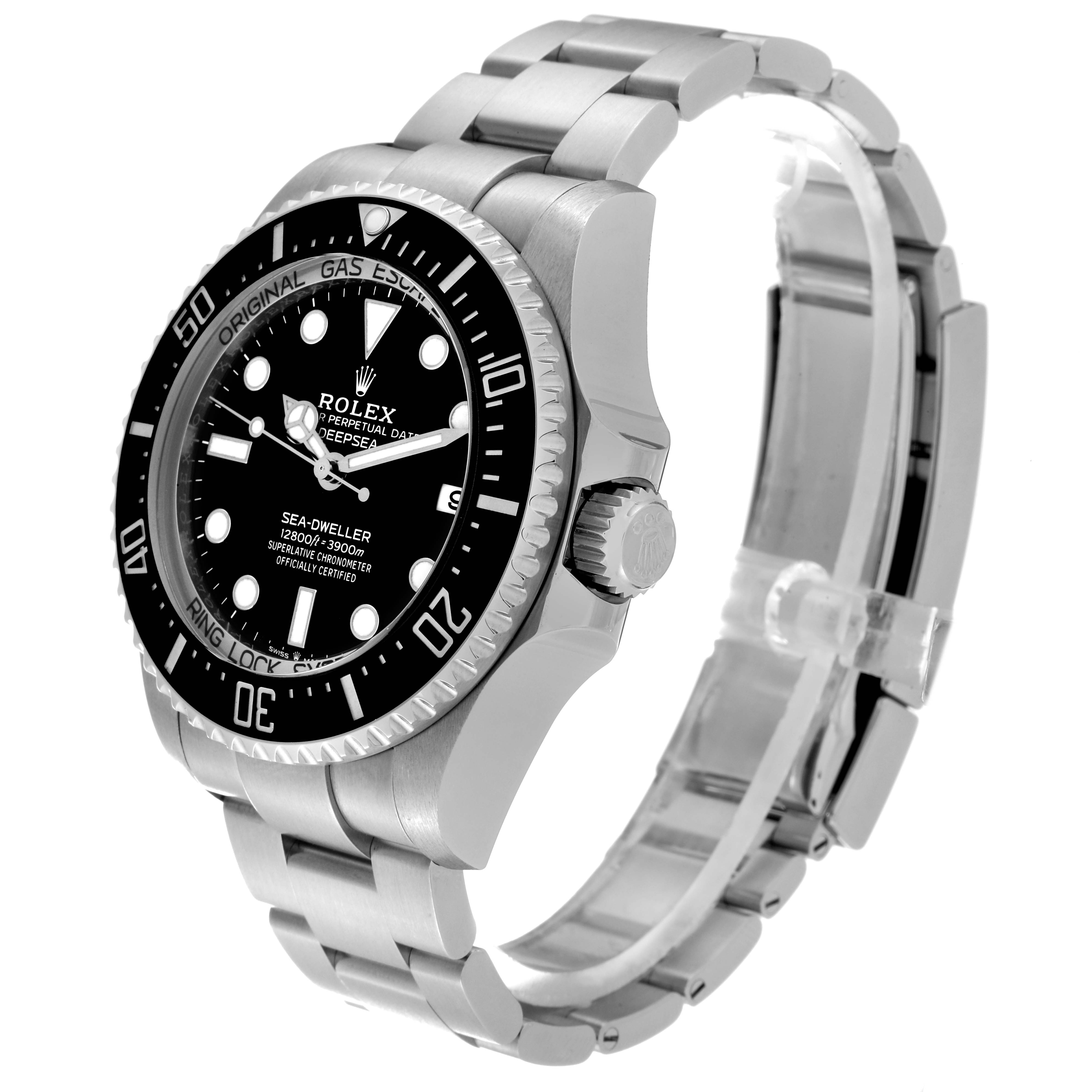 The image shows a side angle view of the Rolex Sea-Dweller 136660 Men's Stainless Steel Black Dial 136660 Men's Stainless Steel Black Dial watch, highlighting the bezel, crown, and bracelet.