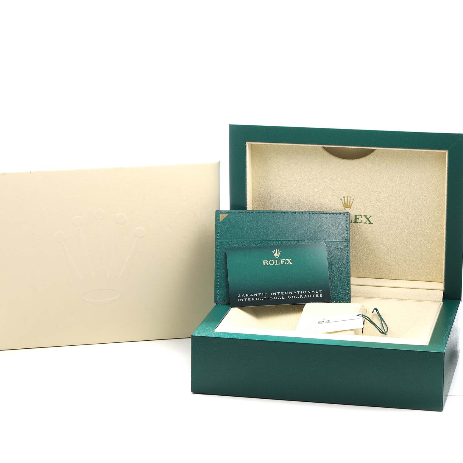 The image shows the Rolex Sky-Dweller 326934 Men's Stainless Steel Black Dial watch box, documentation, and guarantee card, but not the watch itself.