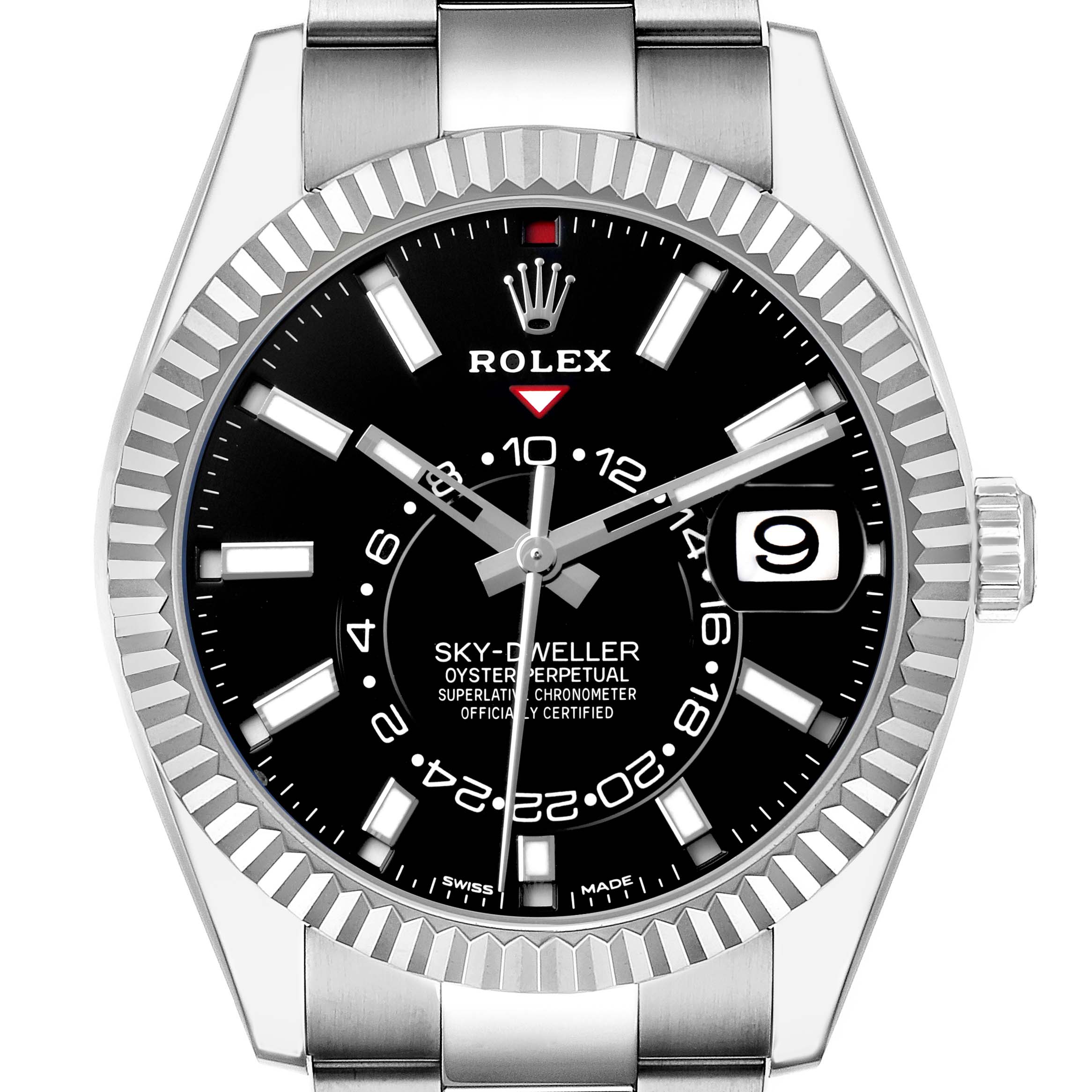 The Rolex Sky-Dweller 326934 Men's Stainless Steel Black Dial watch is shown from the front, displaying the face, bezel, and part of the bracelet.