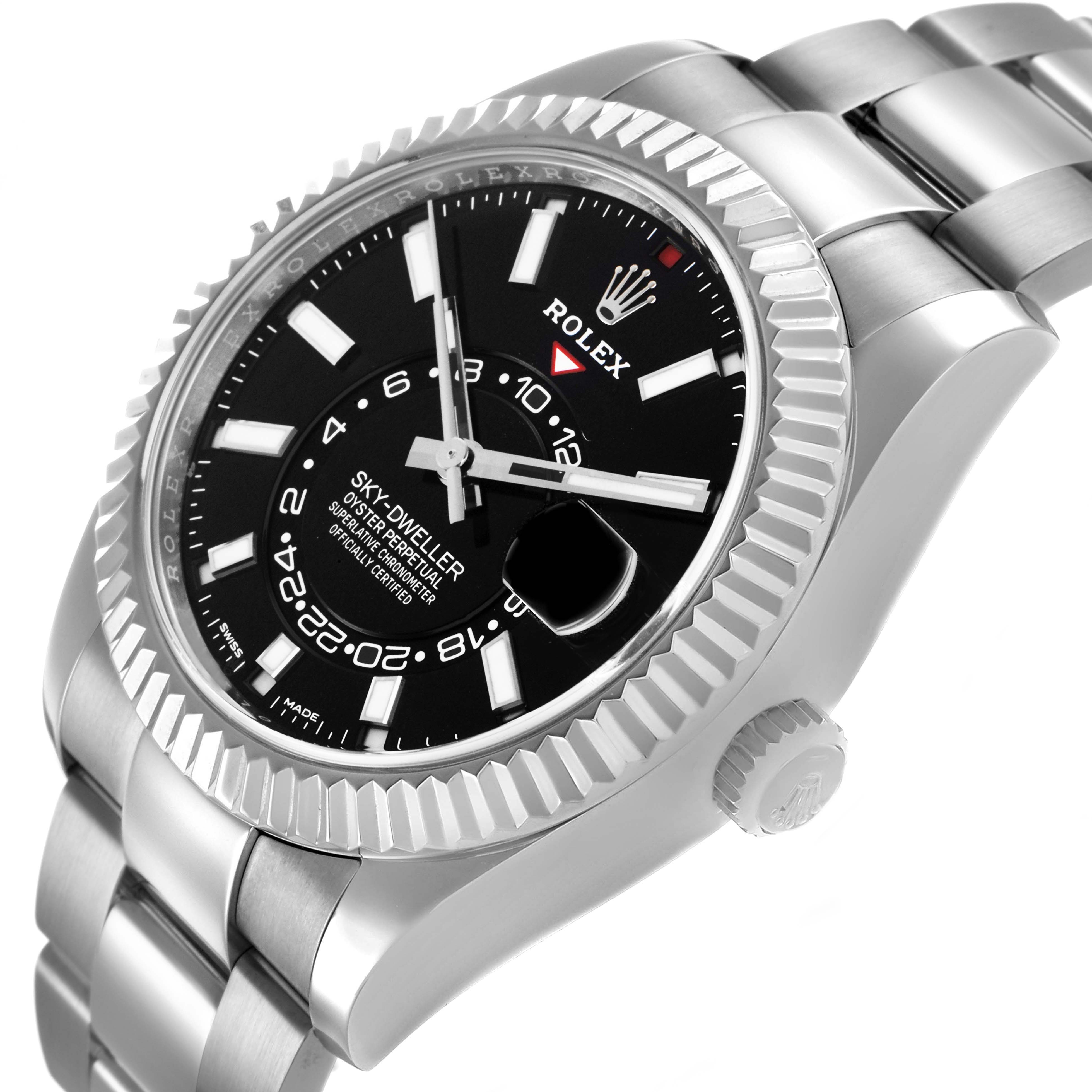 The Sky-Dweller by Rolex is shown at a slight angle, highlighting the bezel, crown, and part of the bracelet.