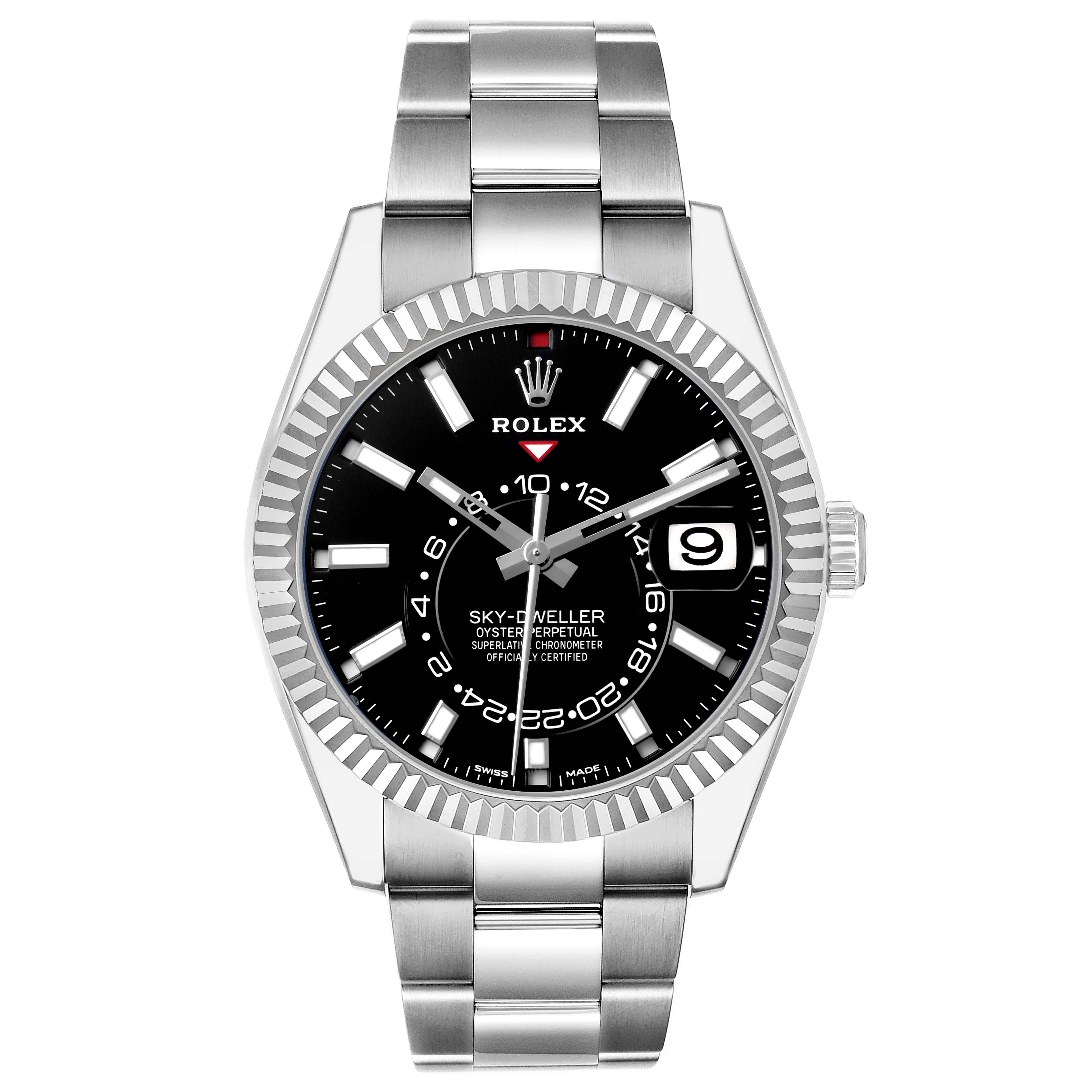 The Rolex Sky-Dweller 326934 Men's Stainless Steel Black Dial watch is shown from the front, displaying its dial, bezel, and bracelet prominently.