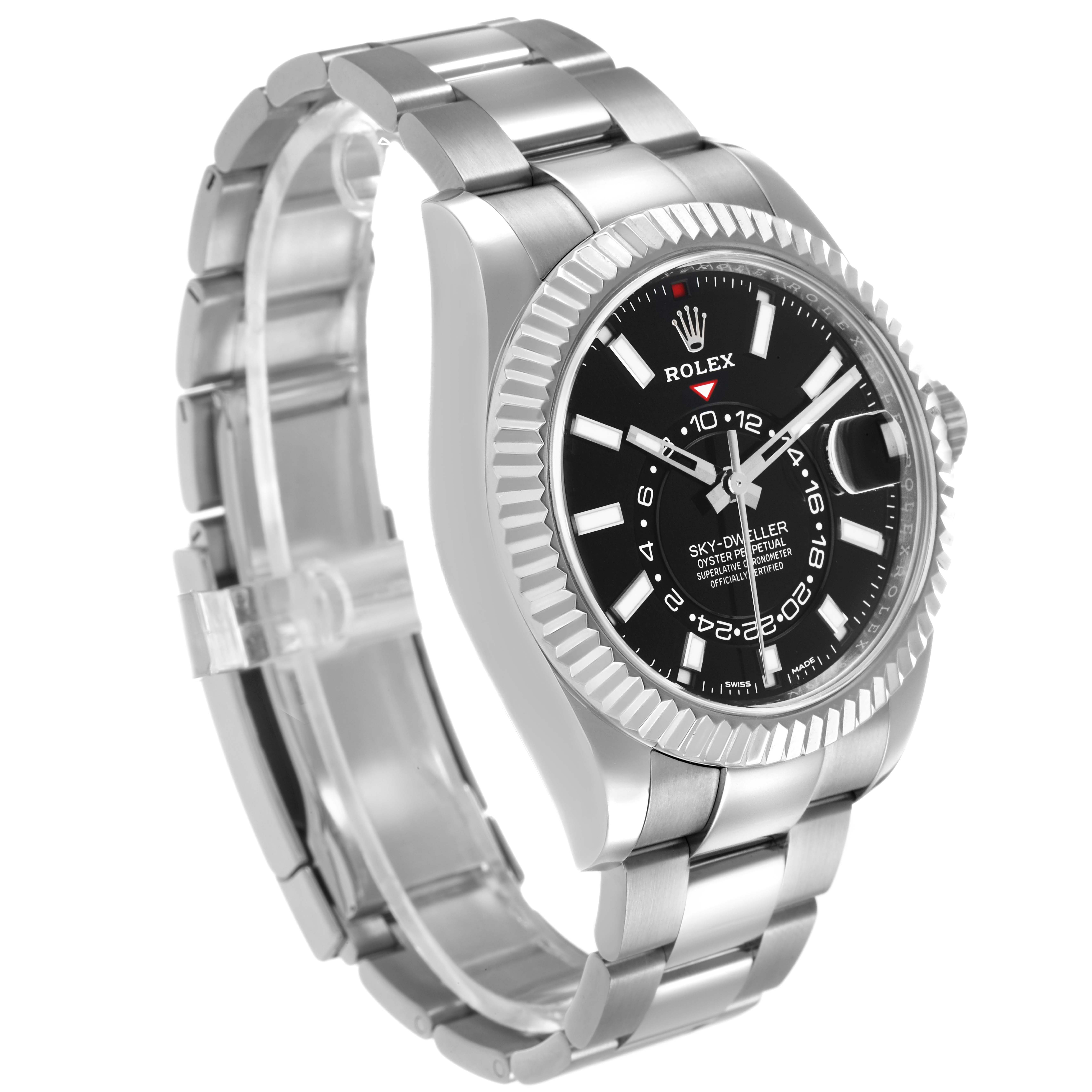 The Rolex Sky-Dweller 326934 Men's Stainless Steel Black Dial watch is shown from a three-quarter angle, highlighting the bezel, dial, and bracelet.