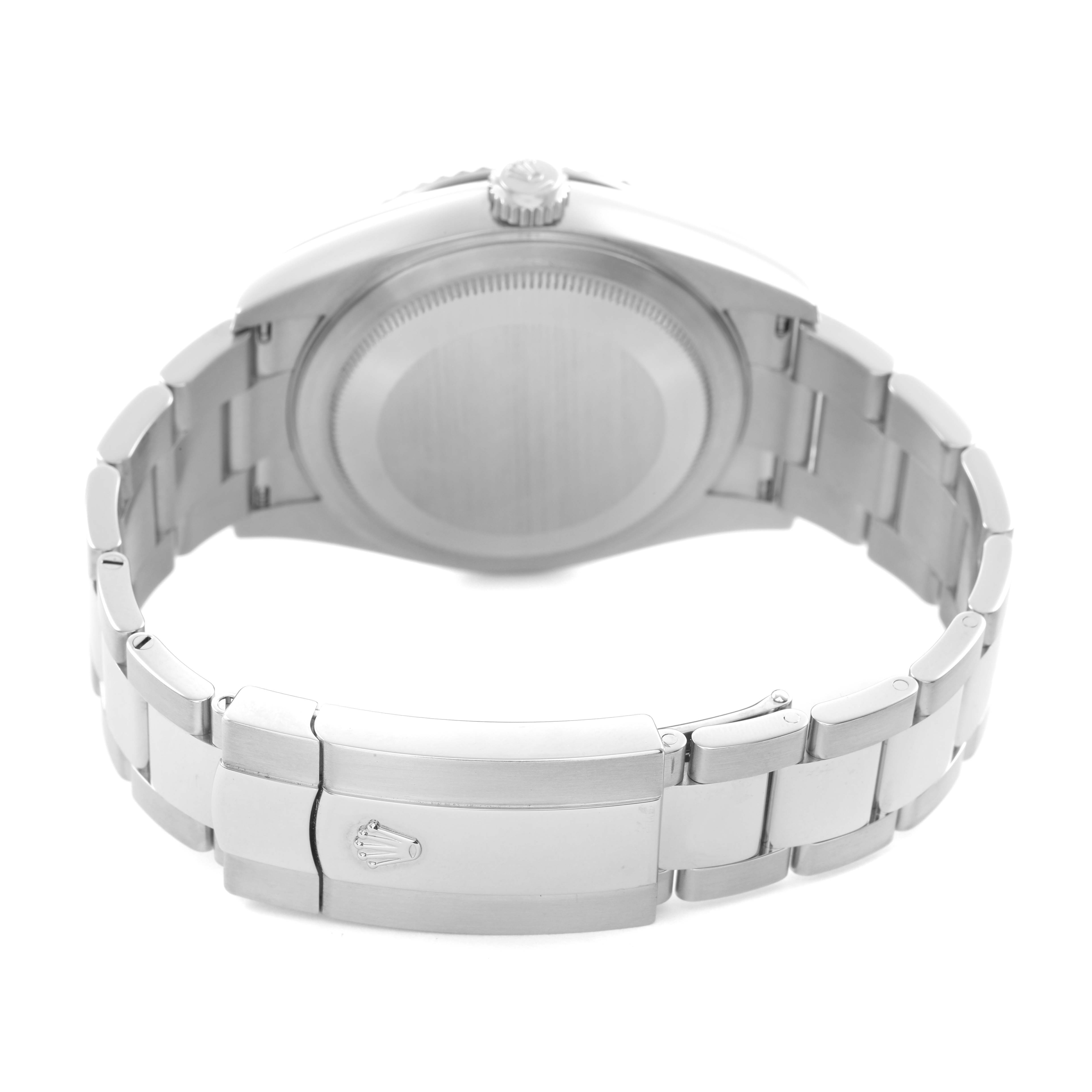 The Rolex Sky-Dweller 326934 Men's Stainless Steel Black Dial is shown from the back, highlighting the case back, bracelet, and clasp.