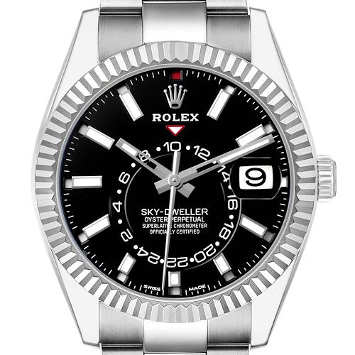 The Rolex Sky-Dweller 326934 Men's Stainless Steel Black Dial watch is shown from a top-down angle, highlighting the face, bezel, and crown.