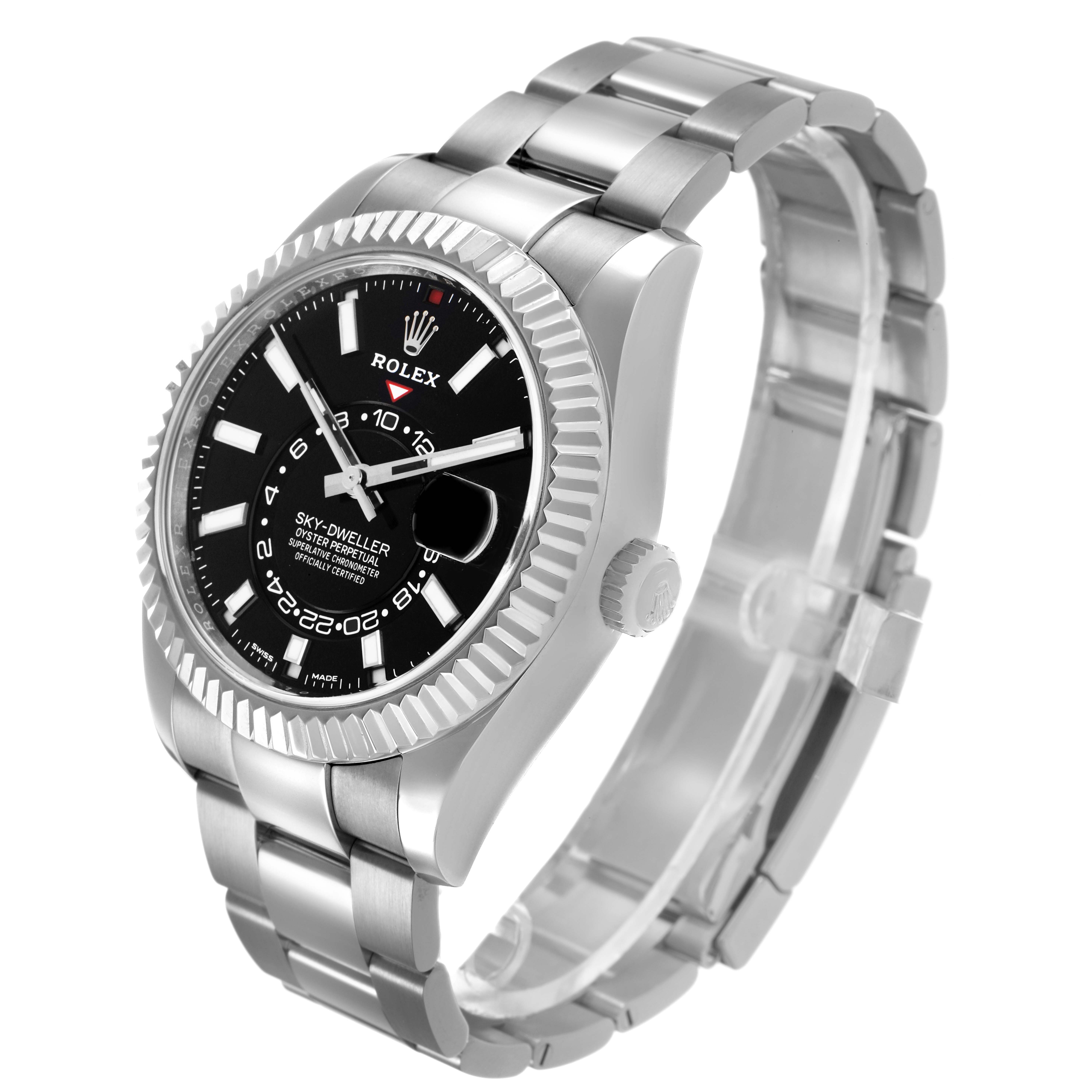 The Rolex Sky-Dweller 326934 Men's Stainless Steel Black Dial watch is shown at a three-quarter angle, displaying the face, bezel, crown, and part of the bracelet.