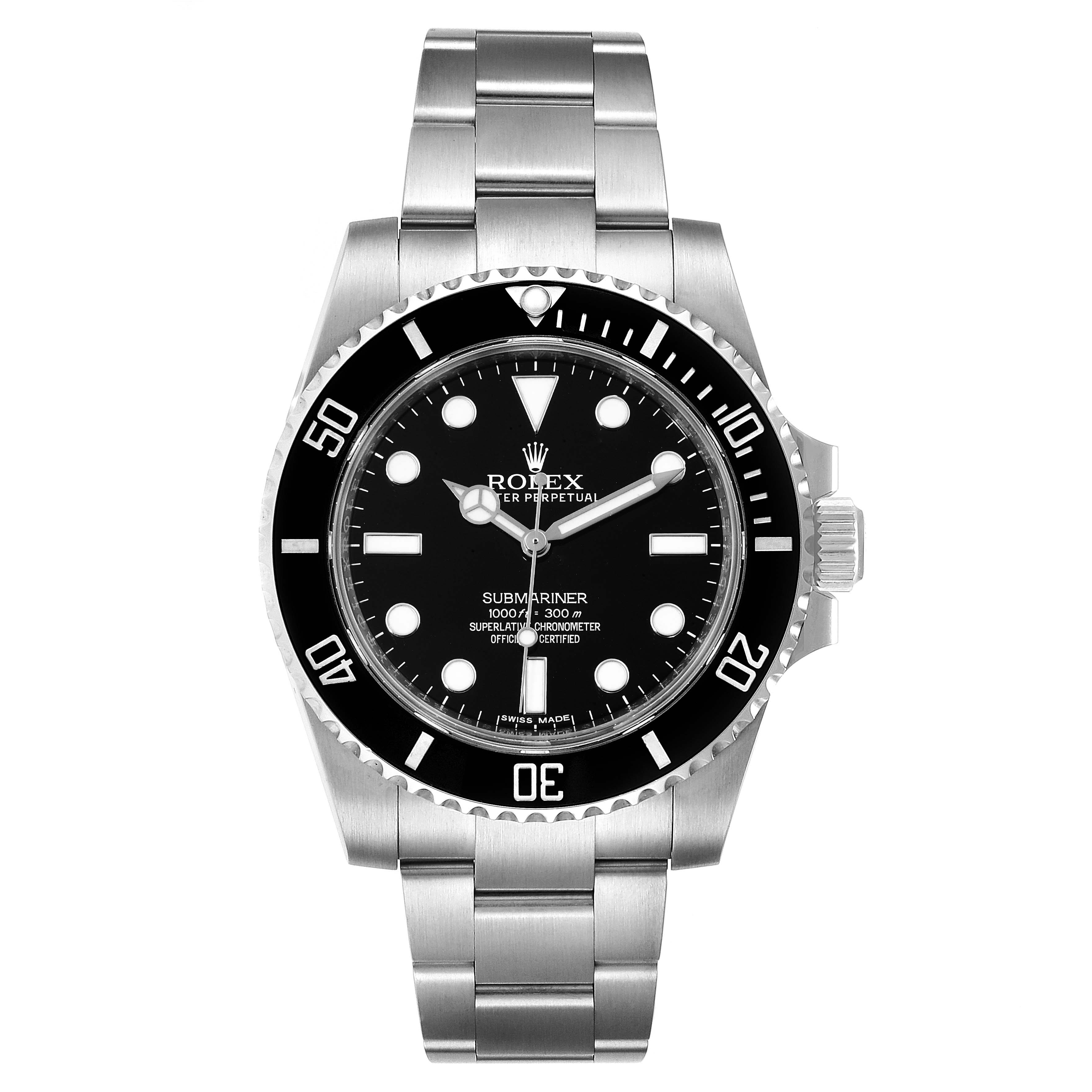 The image shows a front view of the Rolex Submariner 114060 Men
s Stainless Steel Black Dial 114060 Men
s Stainless Steel Black Dial watch, displaying the dial, bezel, and stainless steel bracelet.