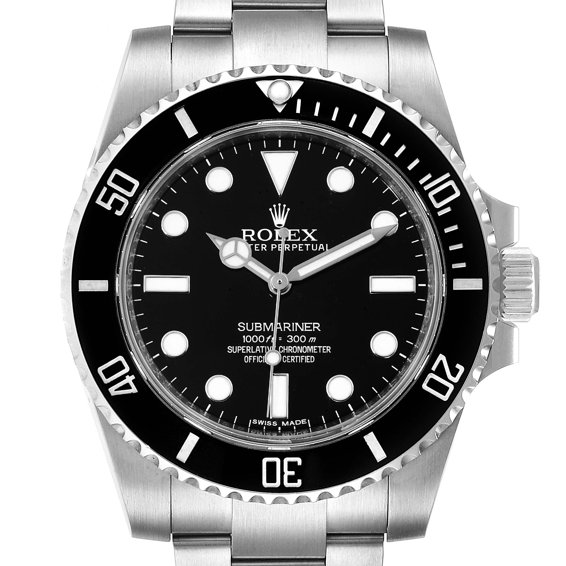 The image shows a front view of a Rolex Submariner 114060 Men
s Stainless Steel Black Dial 114060 Men
s Stainless Steel Black Dial watch, displaying its dial, bezel, hands, and bracelet.