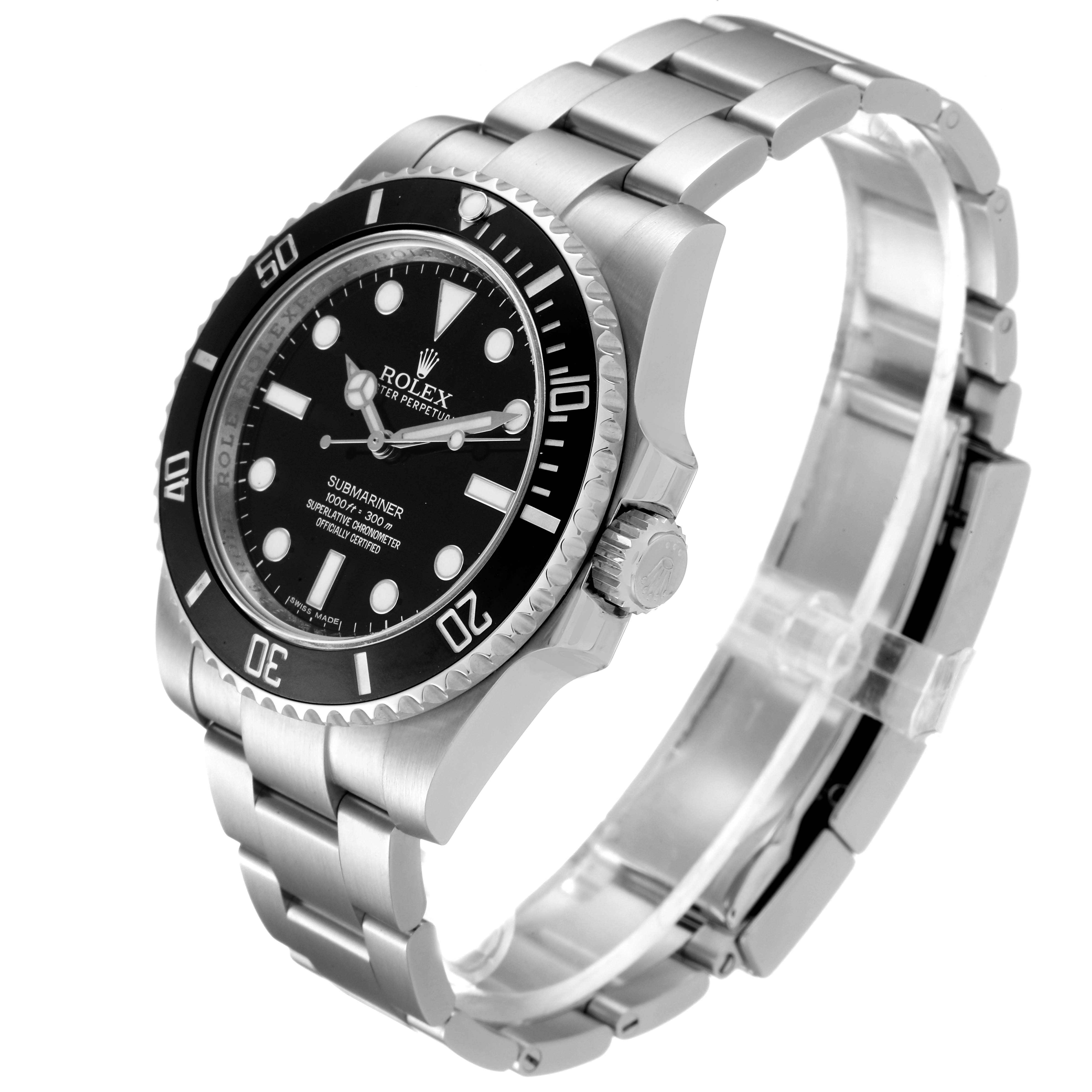 The image shows a Rolex Submariner 114060 Men
s Stainless Steel Black Dial 114060 Men
s Stainless Steel Black Dial watch at a three-quarter angle, highlighting its black dial, bezel, and stainless steel bracelet.