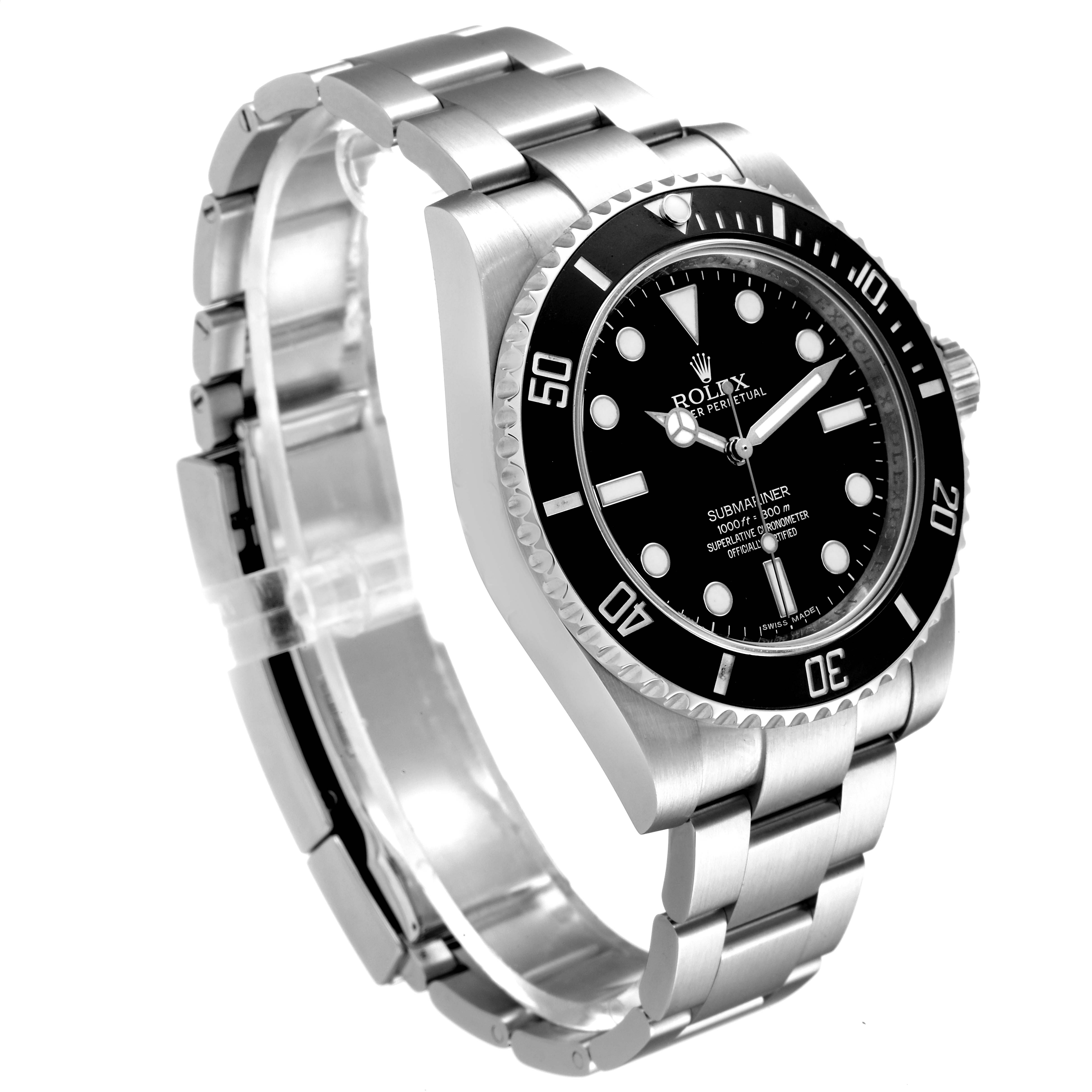 The image shows a Rolex Submariner 114060 Men
s Stainless Steel Black Dial 114060 Men
s Stainless Steel Black Dial watch from a slight angle, highlighting the dial, bezel, and part of the bracelet.