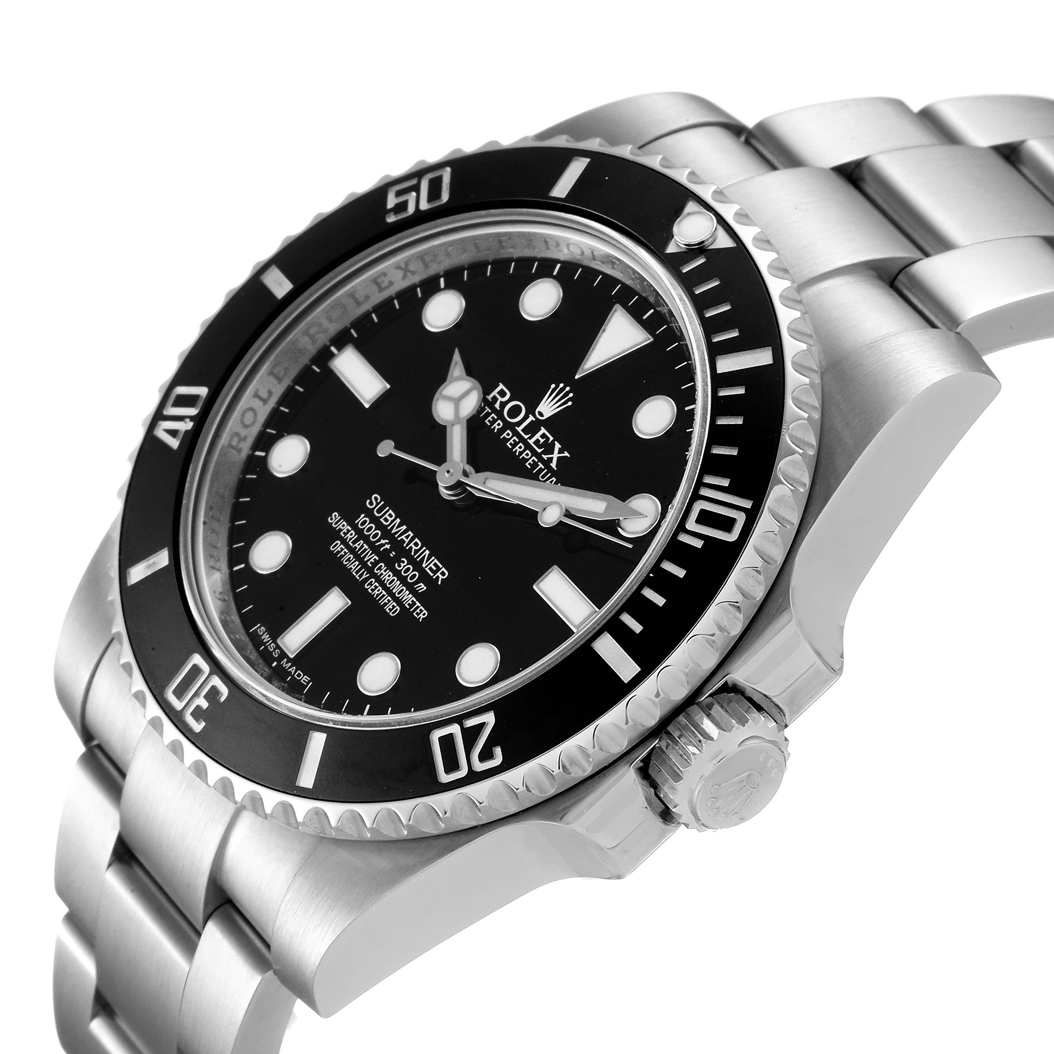 The image shows a side angle of a Rolex Submariner 114060 Men
s Stainless Steel Black Dial 114060 Men
s Stainless Steel Black Dial watch, highlighting its bezel, dial, crown, and bracelet.
