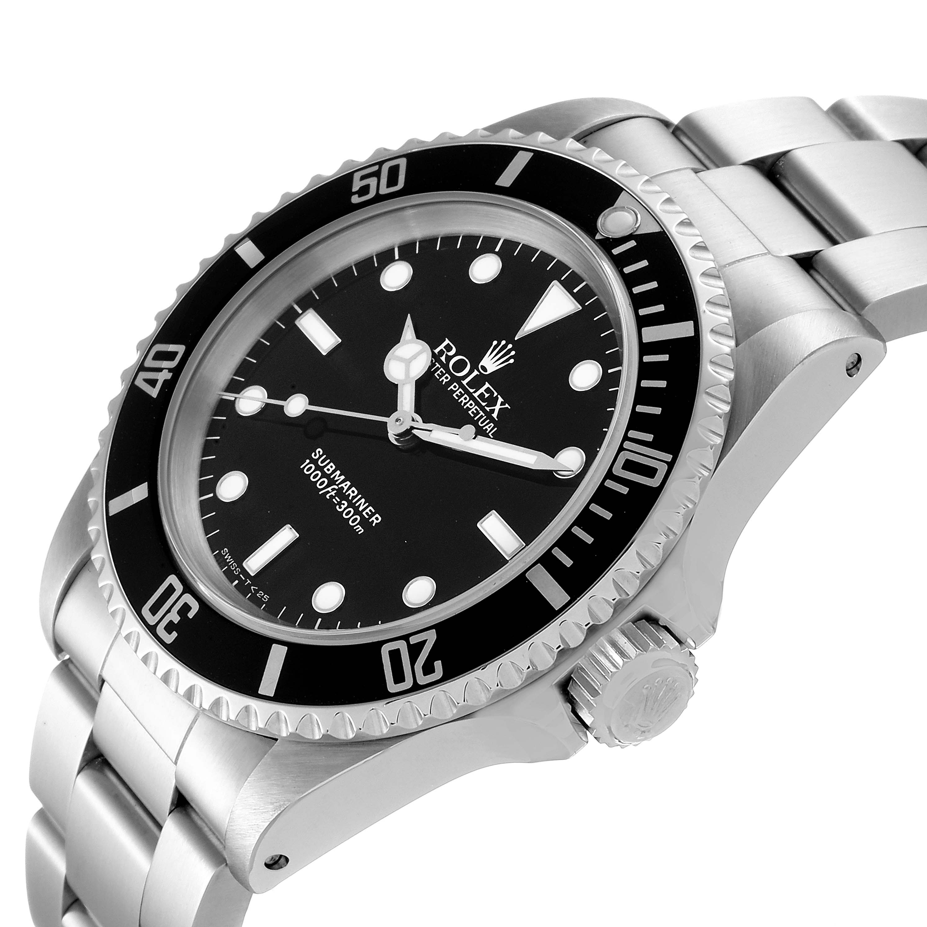 The image shows a Rolex Submariner 14060 Men
s Stainless Steel Black Dial 14060 Men
s Stainless Steel Black Dial watch at an angle, highlighting the face, bezel, case, and bracelet.