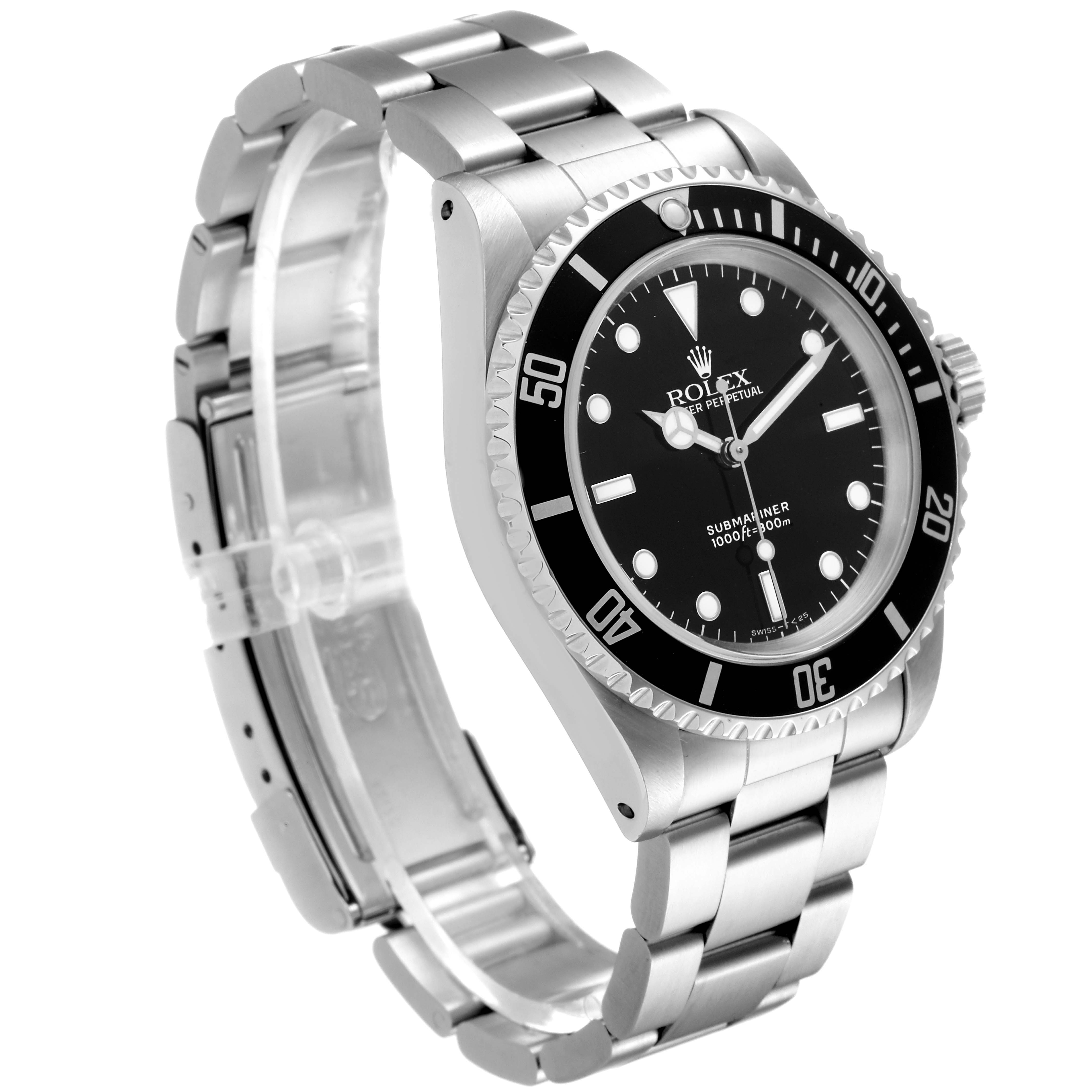 This image shows a Rolex Submariner 14060 Men
s Stainless Steel Black Dial 14060 Men
s Stainless Steel Black Dial watch angled to display the face, bezel, crown, and metal bracelet.