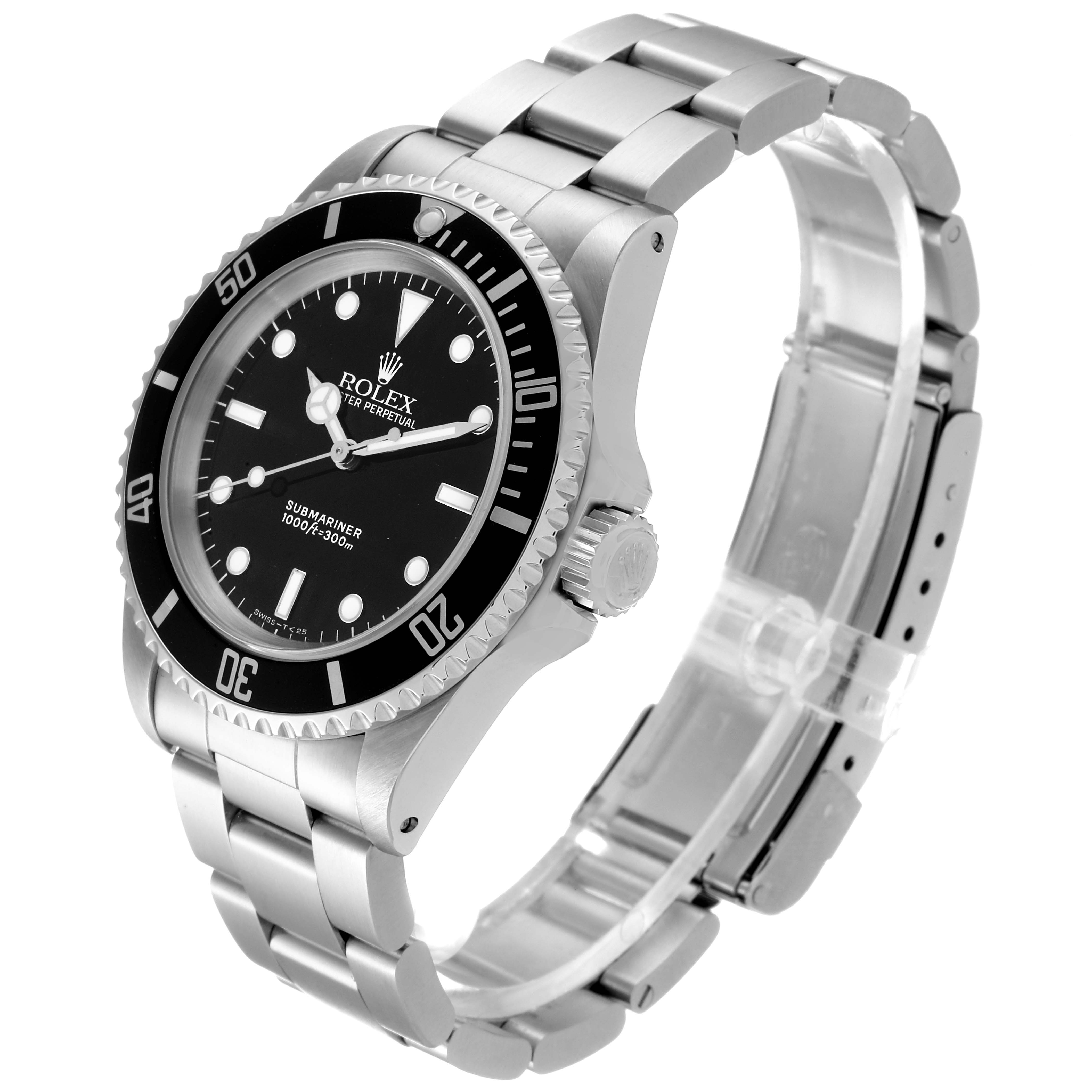 The image shows a Rolex Submariner 14060 Men
s Stainless Steel Black Dial 14060 Men
s Stainless Steel Black Dial watch at a three-quarter angle, displaying the face, bezel, crown, and part of the bracelet.