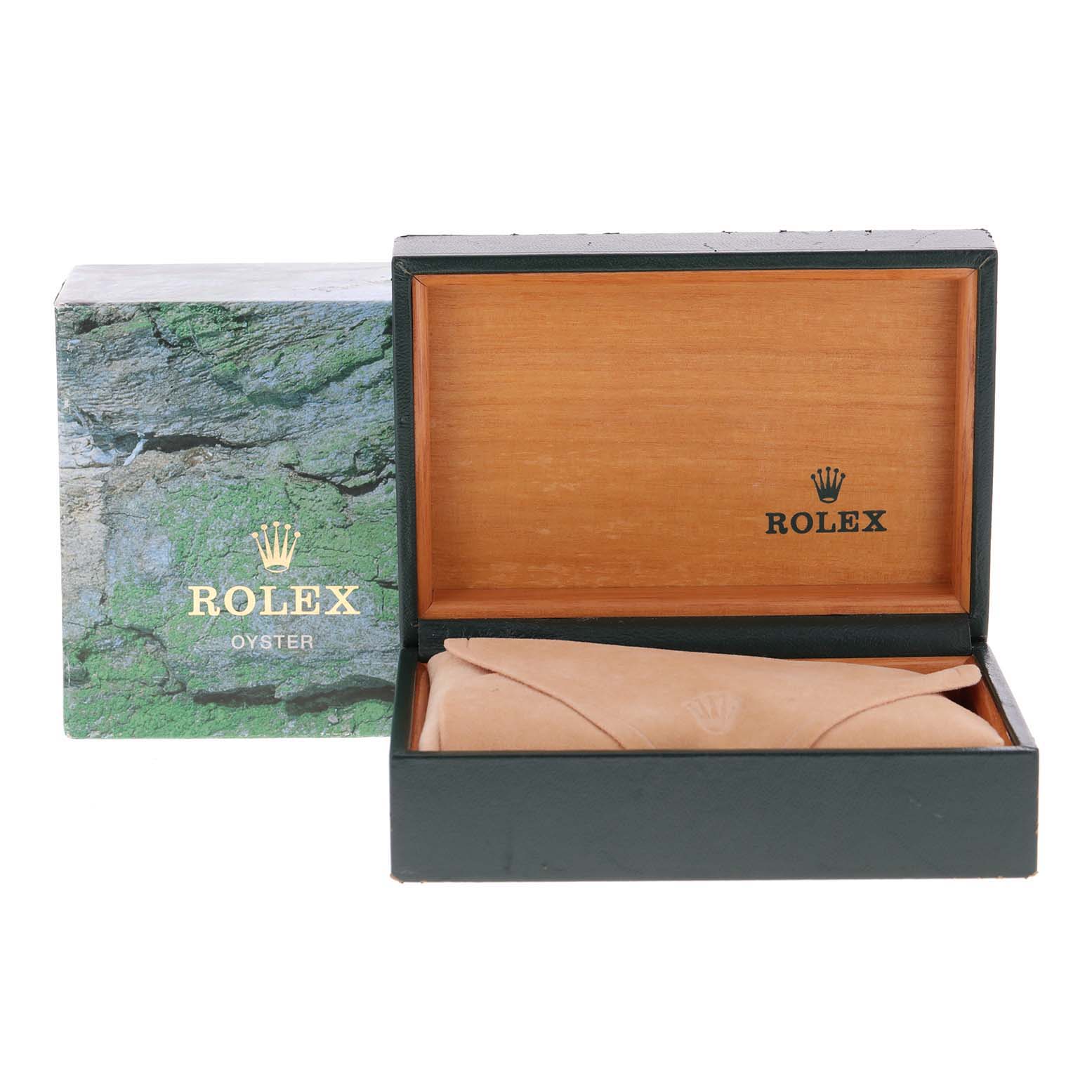 The image shows the packaging of a Rolex Submariner 14060 Men
s Stainless Steel Black Dial 14060 Men
s Stainless Steel Black Dial, including an open Rolex box alongside a protective cover.