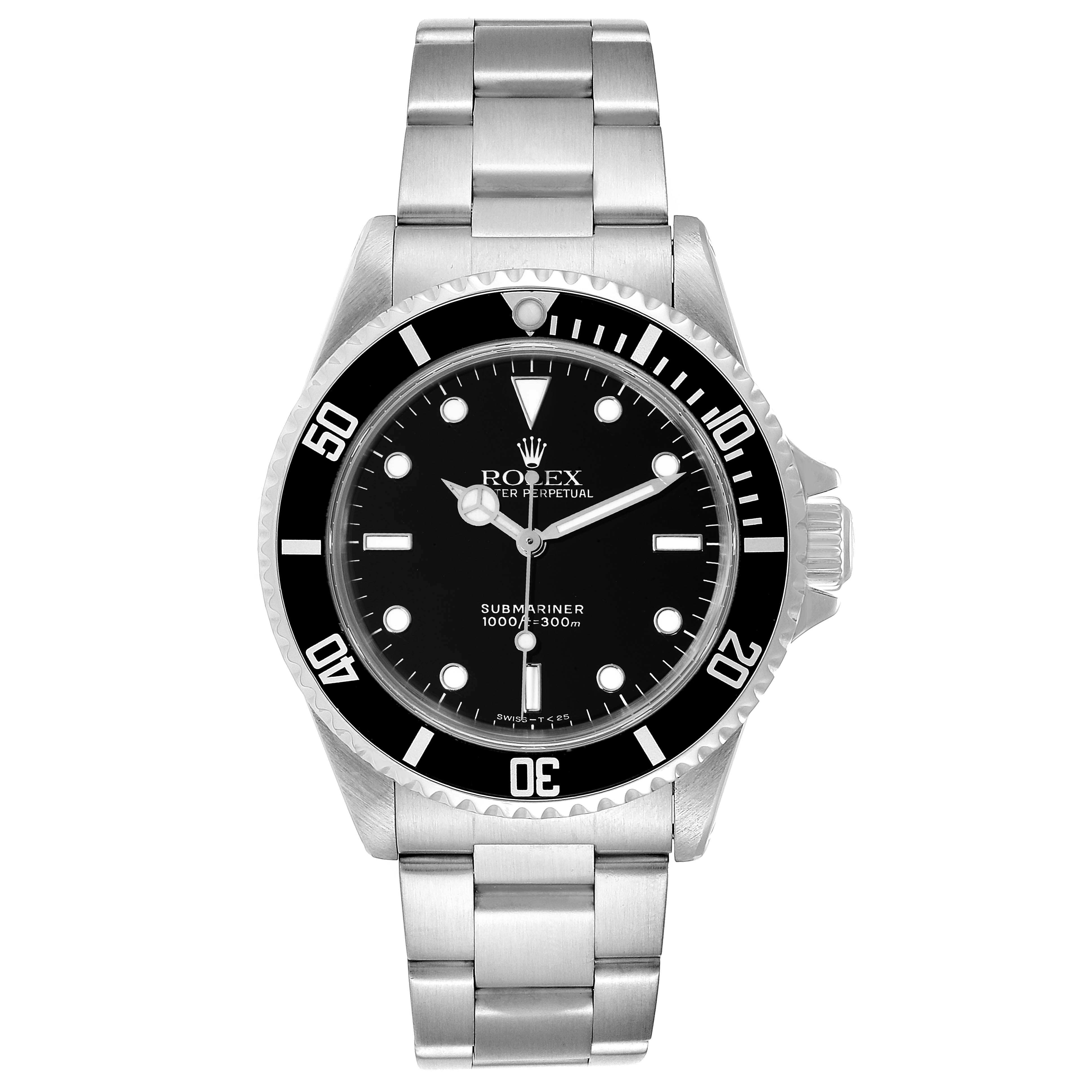 This image shows a front view of a Rolex Submariner 14060 Men
s Stainless Steel Black Dial 14060 Men
s Stainless Steel Black Dial, displaying the dial, bezel, crown, and bracelet.