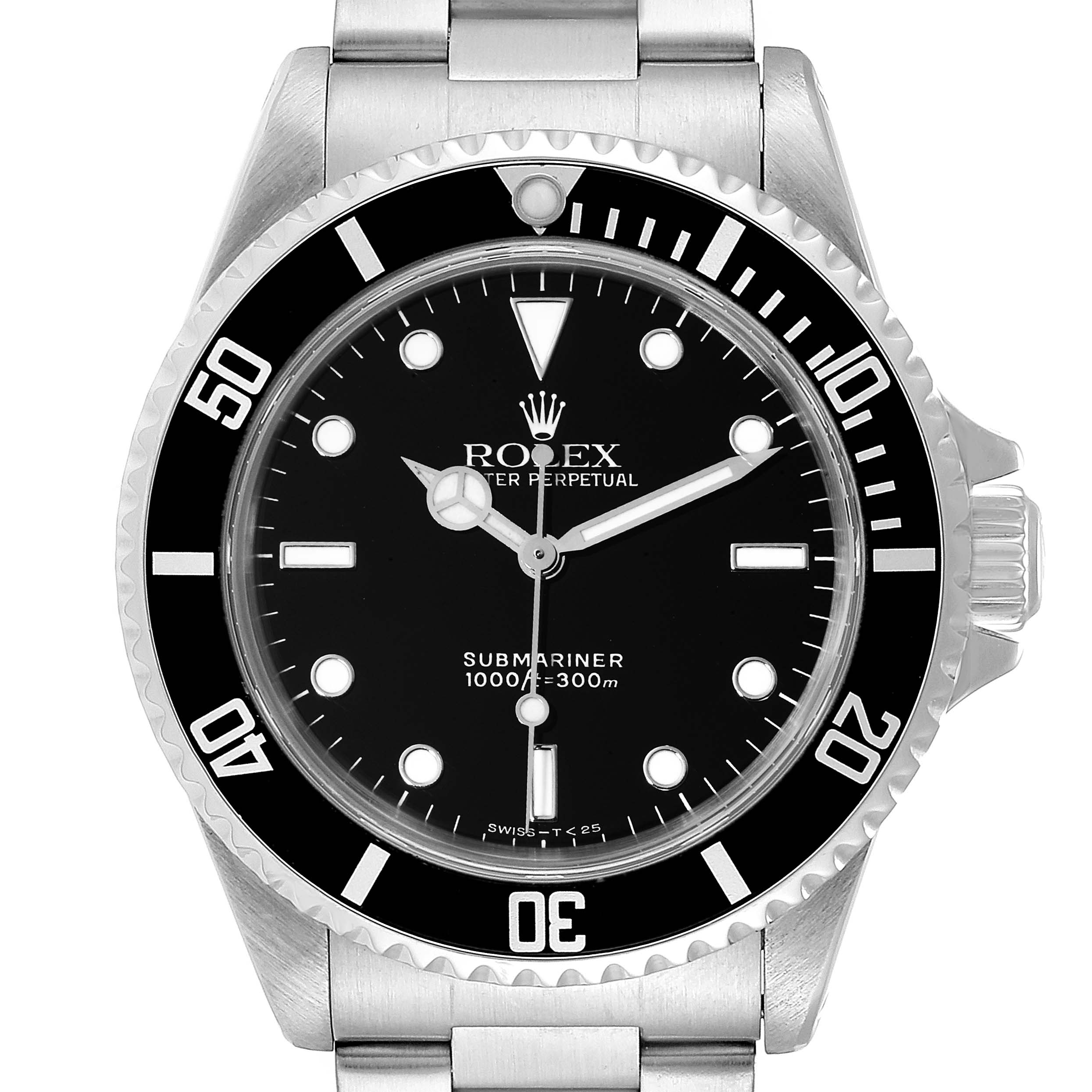 The image shows a frontal view of a Rolex Submariner 14060 Men
s Stainless Steel Black Dial 14060 Men
s Stainless Steel Black Dial watch, featuring the dial, bezel, crown, and part of the bracelet.