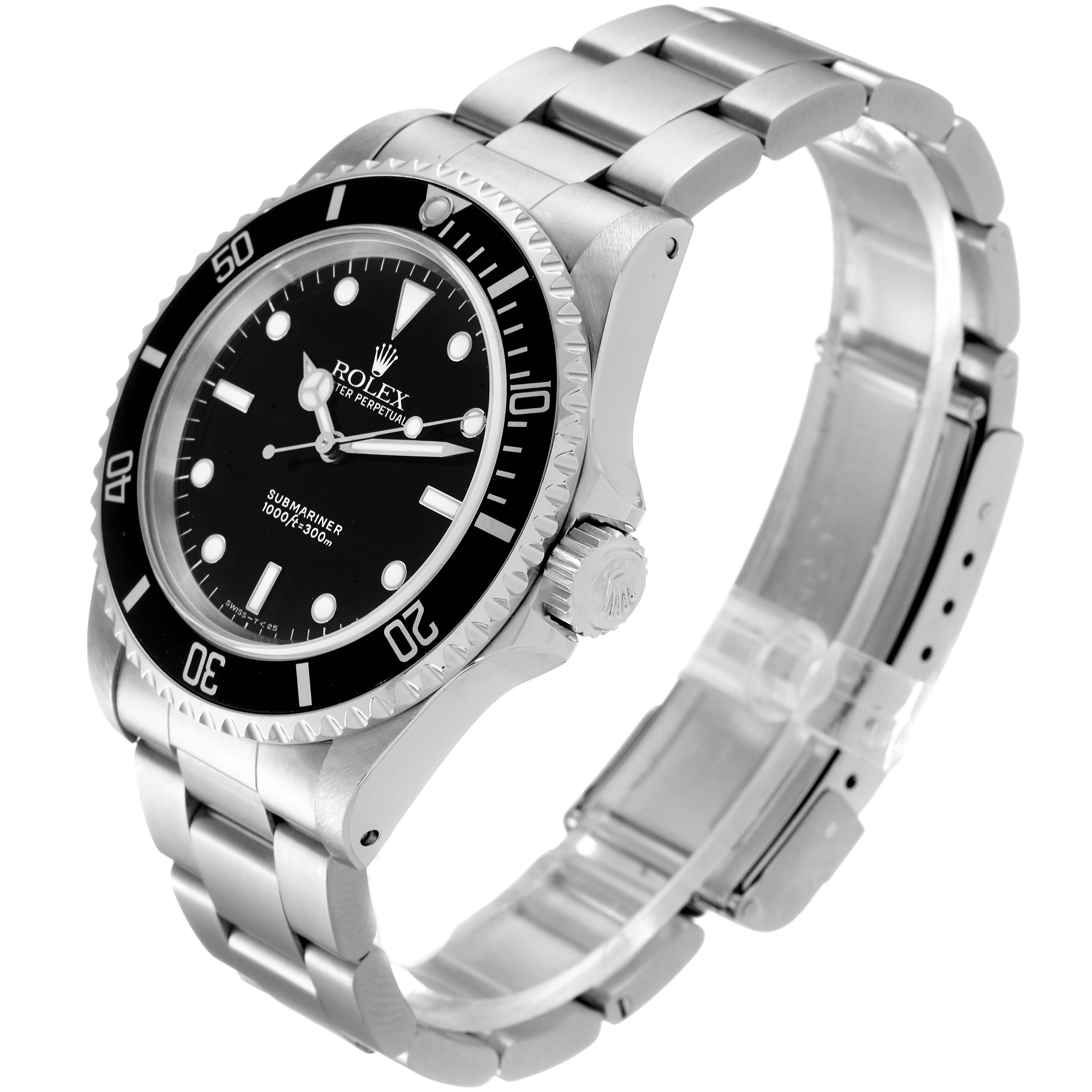 The angle shows the Rolex Submariner 14060 Men
s Stainless Steel Black Dial 14060 Men
s Stainless Steel Black Dial watch from a three-quarter perspective, displaying the dial, bezel, crown, and bracelet.