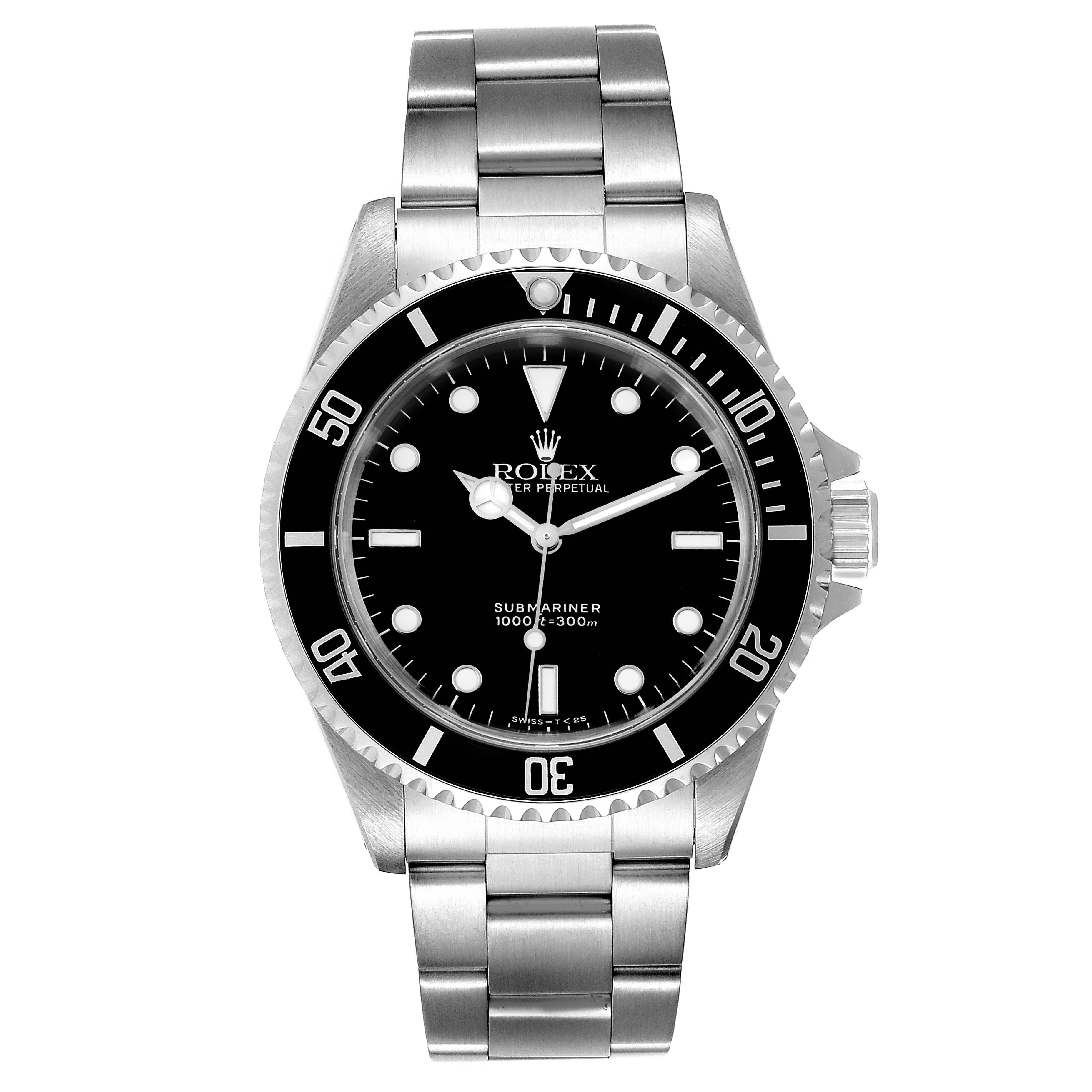 This image shows a front view of the Rolex Submariner 14060 Men
s Stainless Steel Black Dial 14060 Men
s Stainless Steel Black Dial, displaying its dial, bezel, and bracelet.
