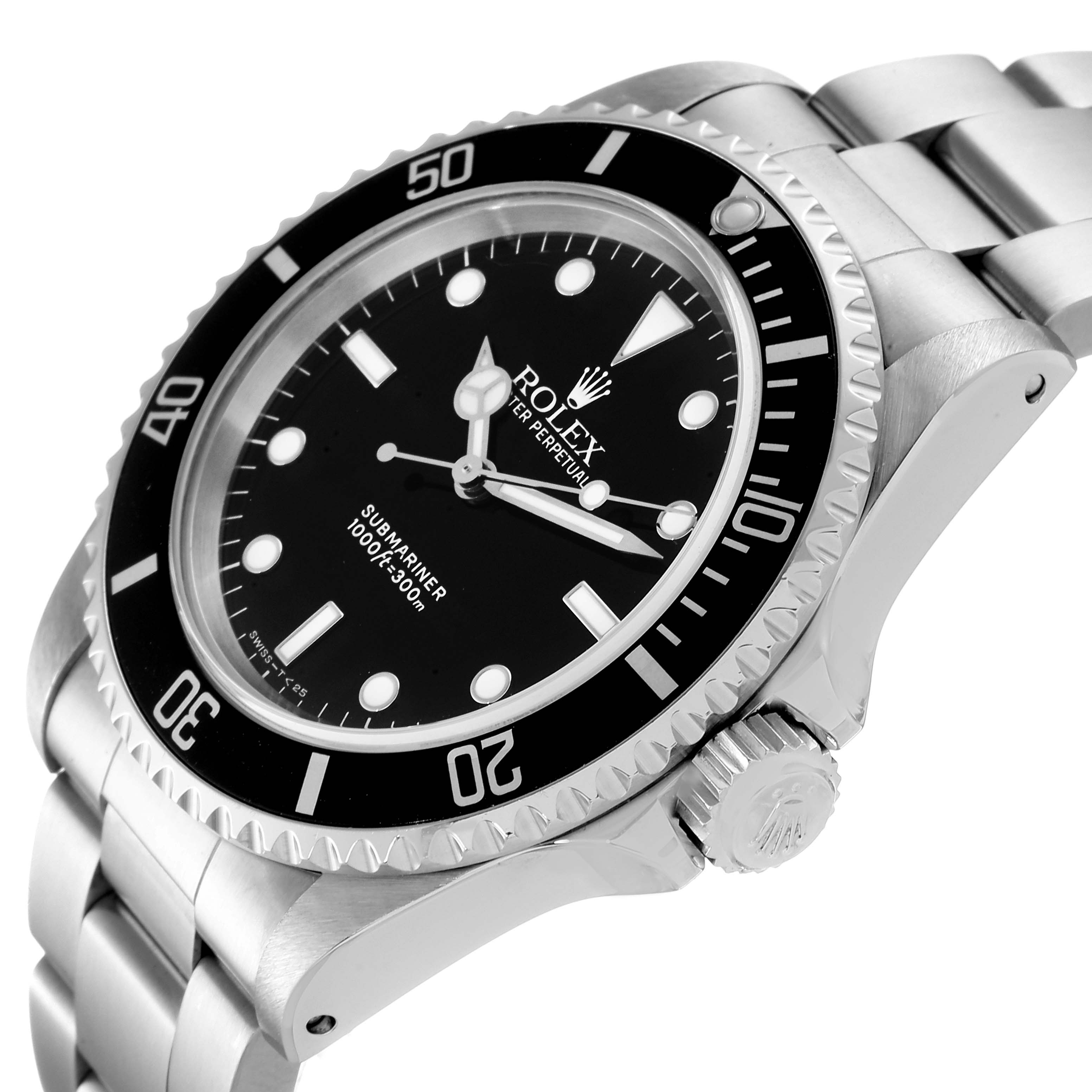 This image shows a side and angled view of the Rolex Submariner 14060 Men
s Stainless Steel Black Dial 14060 Men
s Stainless Steel Black Dial, featuring its black dial, bezel, case, and bracelet.