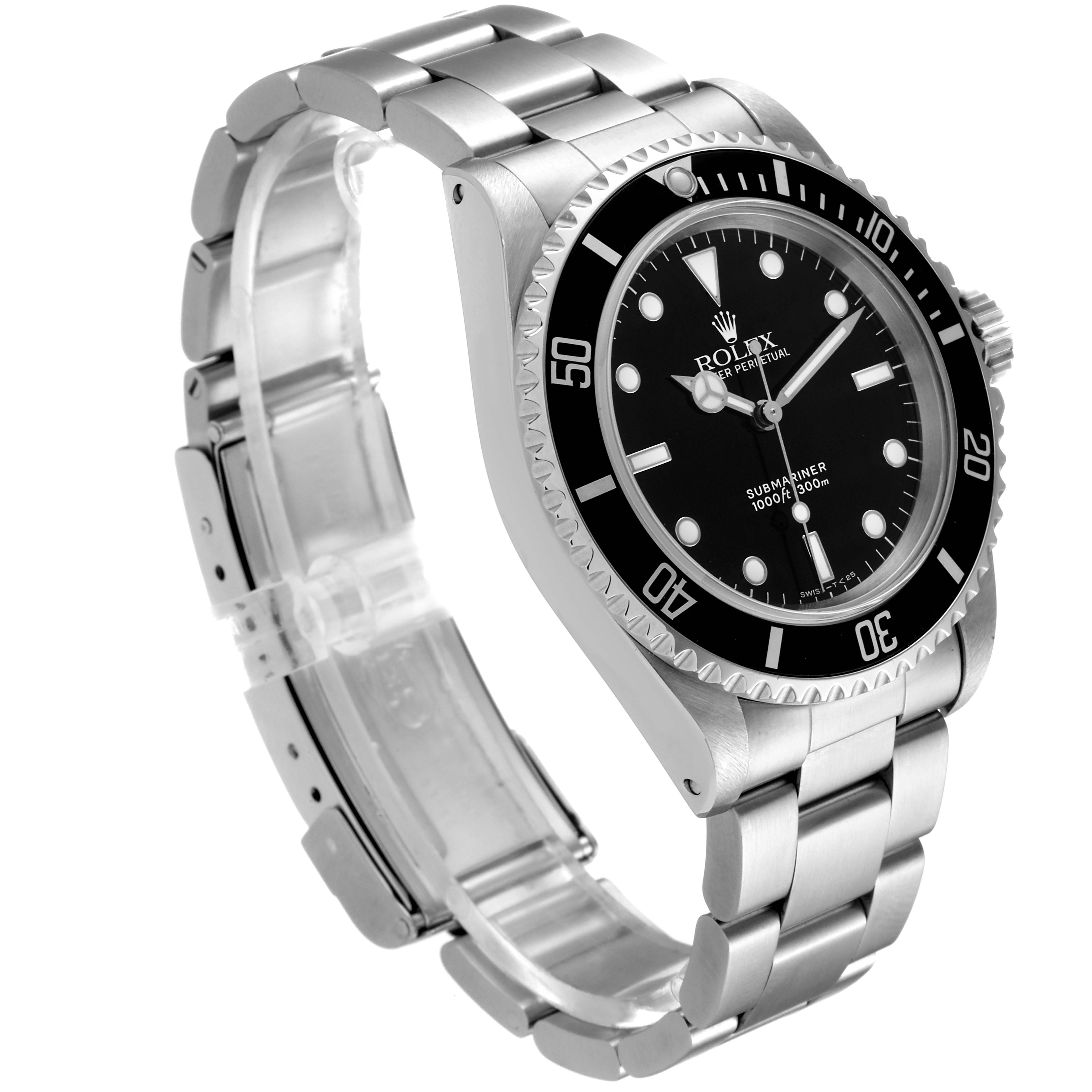 The image shows a Rolex Submariner 14060 Men
s Stainless Steel Black Dial 14060 Men
s Stainless Steel Black Dial watch from a three-quarter angle, highlighting the dial, bezel, and stainless steel bracelet.