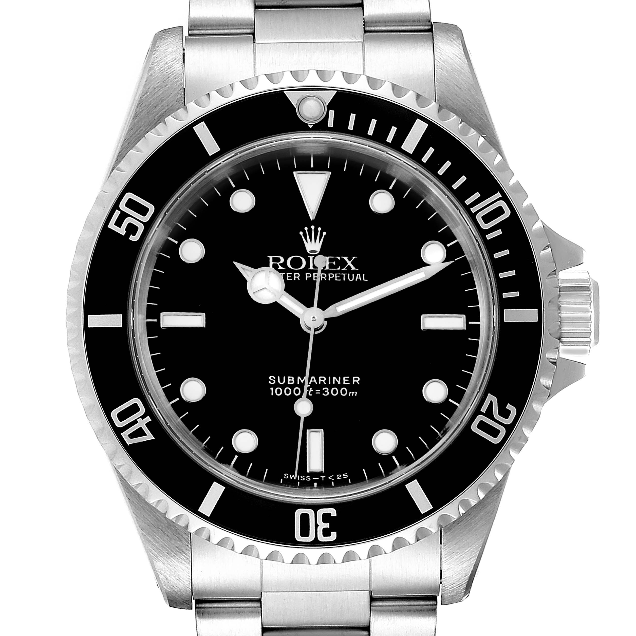 The image shows a frontal view of the Rolex Submariner 14060 Men
s Stainless Steel Black Dial 14060 Men
s Stainless Steel Black Dial, highlighting the dial, bezel, and bracelet.
