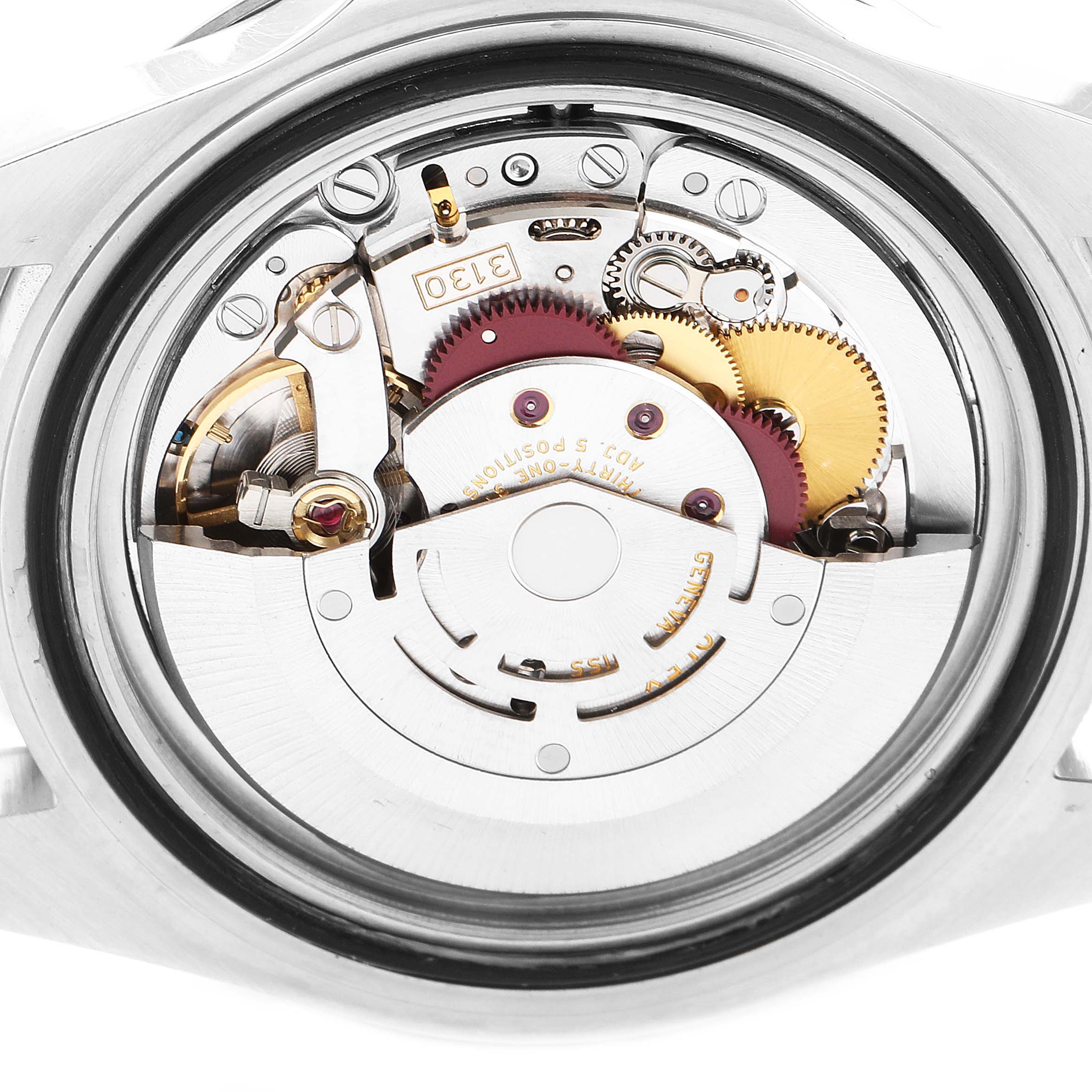 The image shows the internal mechanics (movement) of a Rolex Submariner 14060 Men
s Stainless Steel Black Dial 14060 Men
s Stainless Steel Black Dial watch from a rear view angle.