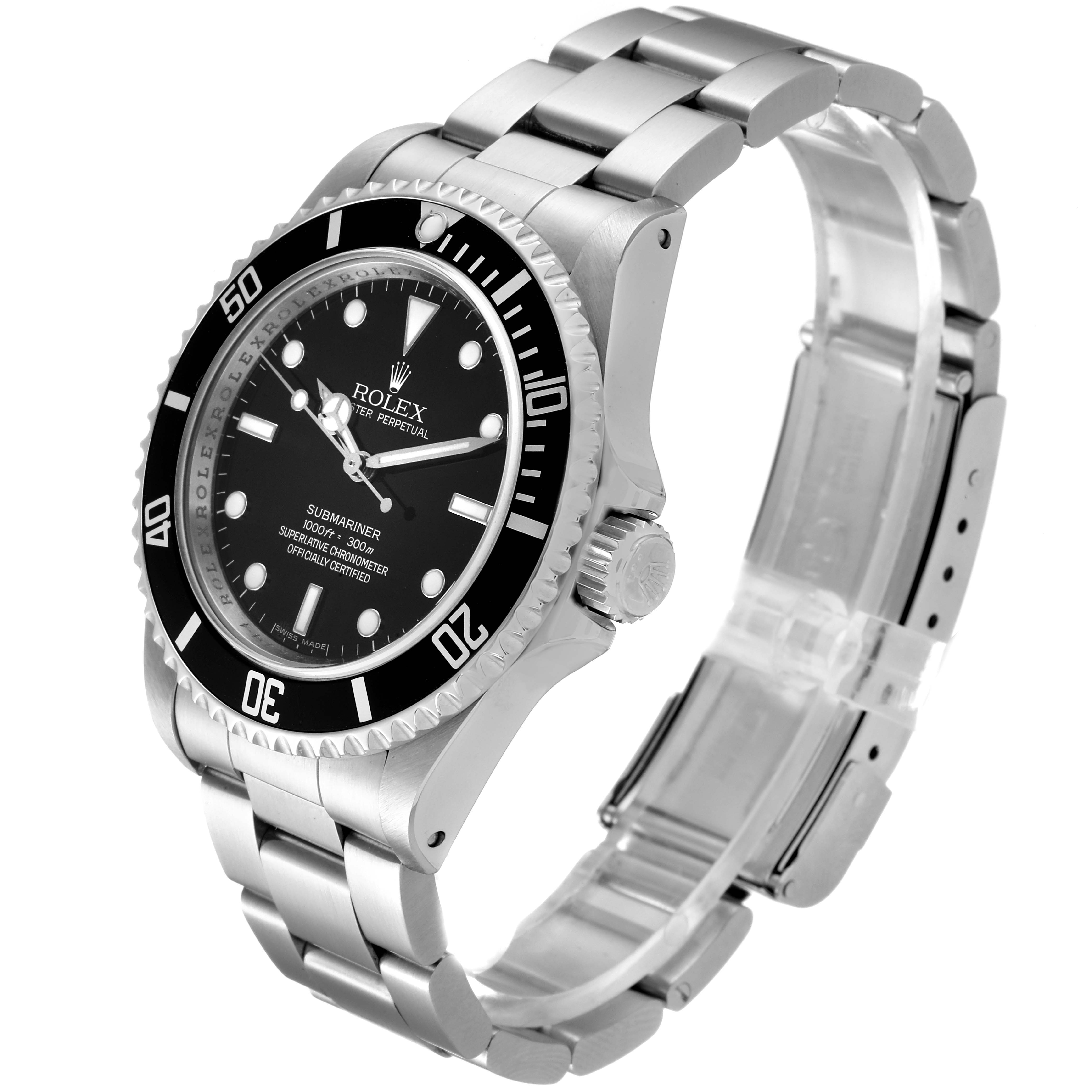 The image shows a Rolex Submariner 14060 Men
s Stainless Steel Black Dial 14060 Men
s Stainless Steel Black Dial watch angled to display the face, bezel, crown, and bracelet links.