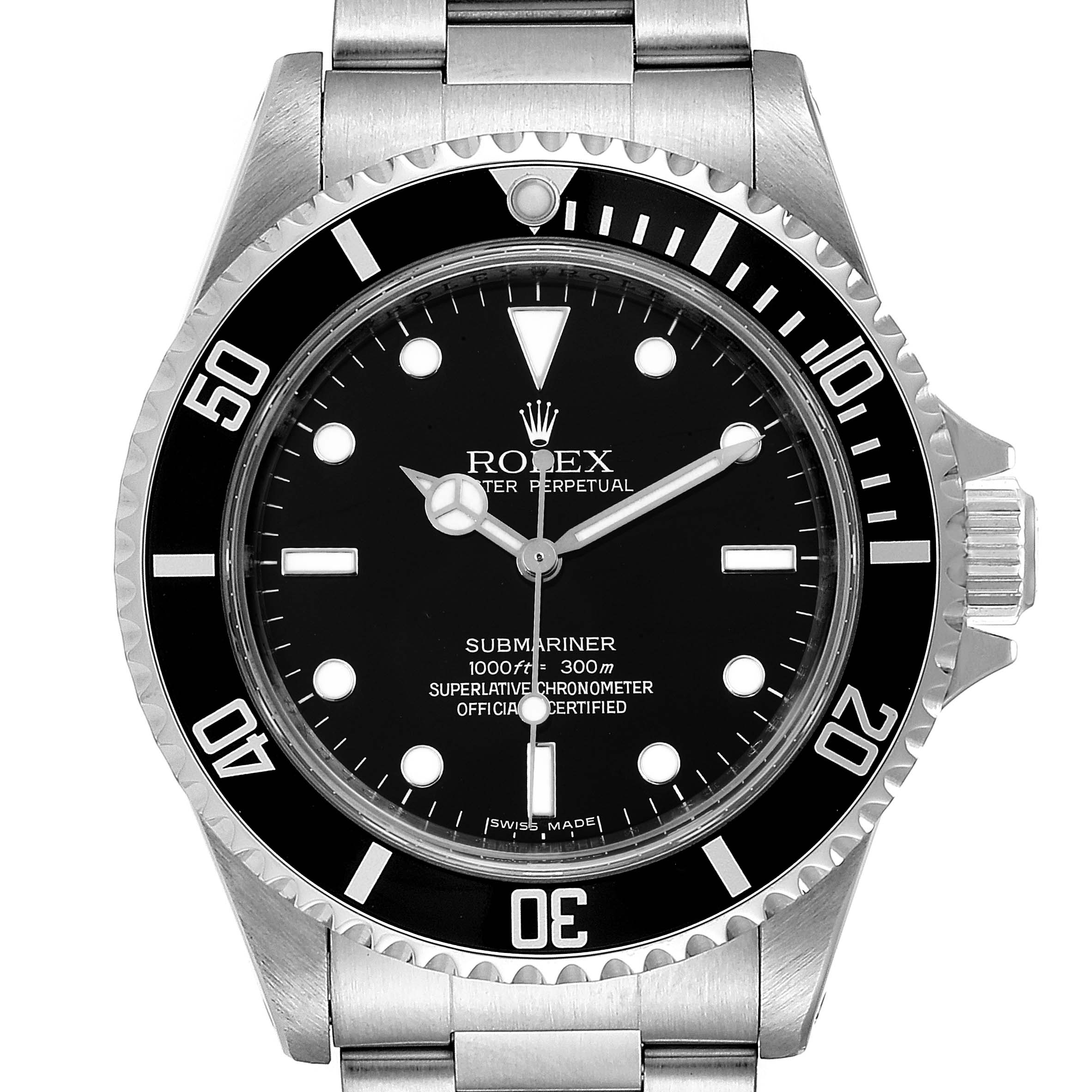 This image shows a front view of a Rolex Submariner 14060 Men
s Stainless Steel Black Dial 14060 Men
s Stainless Steel Black Dial watch, highlighting the dial, bezel, and part of the bracelet.