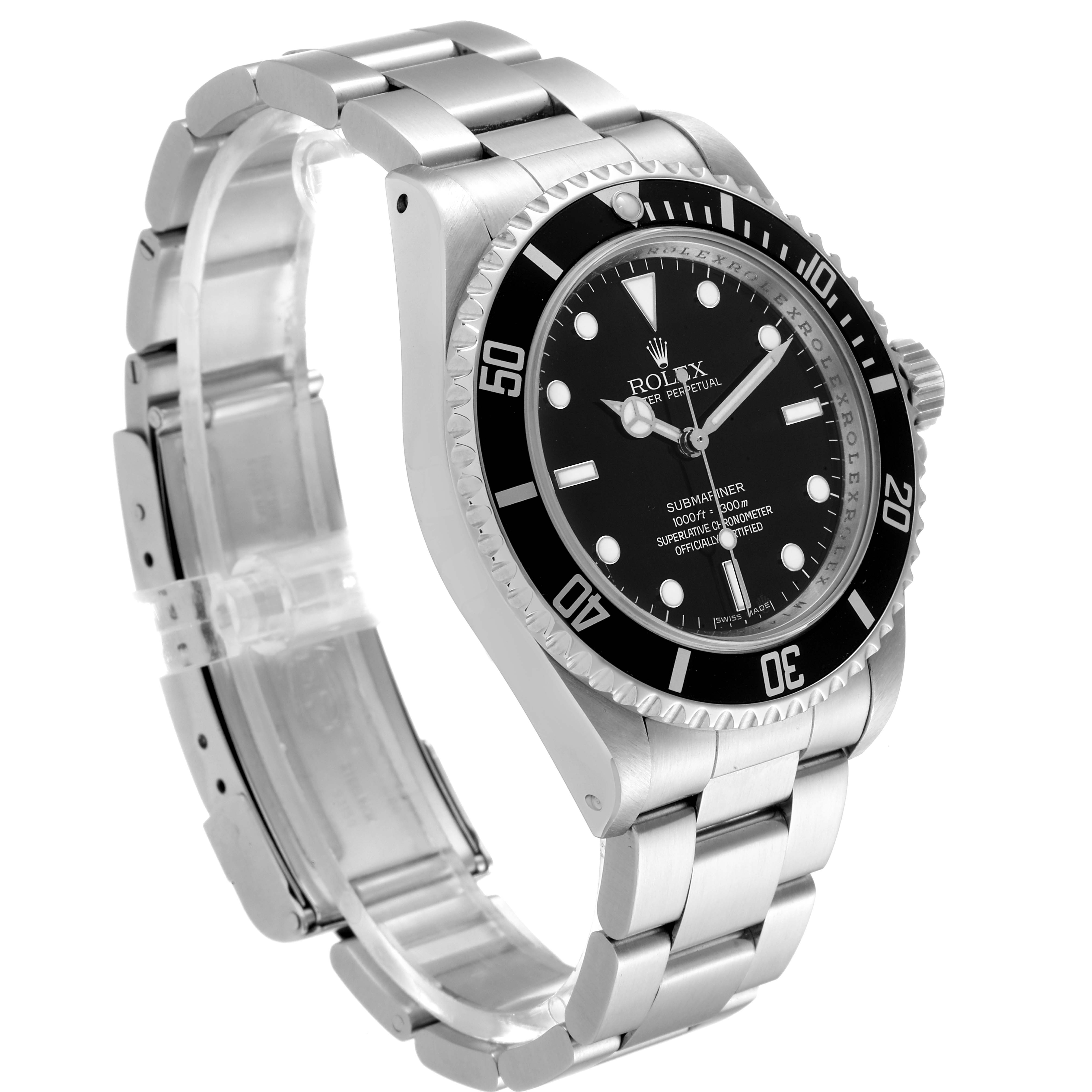 The image shows a Rolex Submariner 14060 Men
s Stainless Steel Black Dial 14060 Men
s Stainless Steel Black Dial watch at an angle highlighting its face, bezel, and metal bracelet.