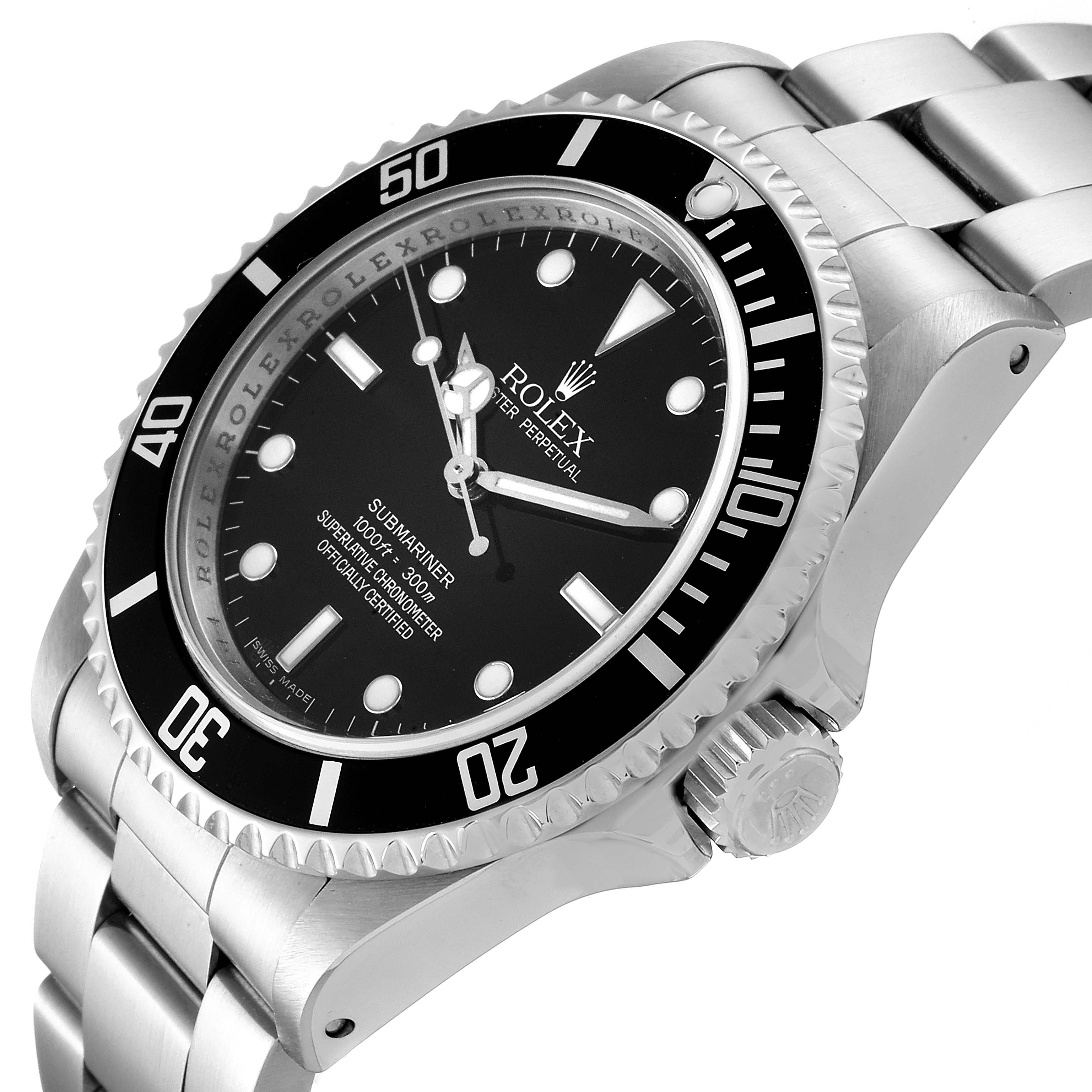 The image shows a Rolex Submariner 14060 Men
s Stainless Steel Black Dial 14060 Men
s Stainless Steel Black Dial watch angled to display the face, bezel, crown, and part of the bracelet.