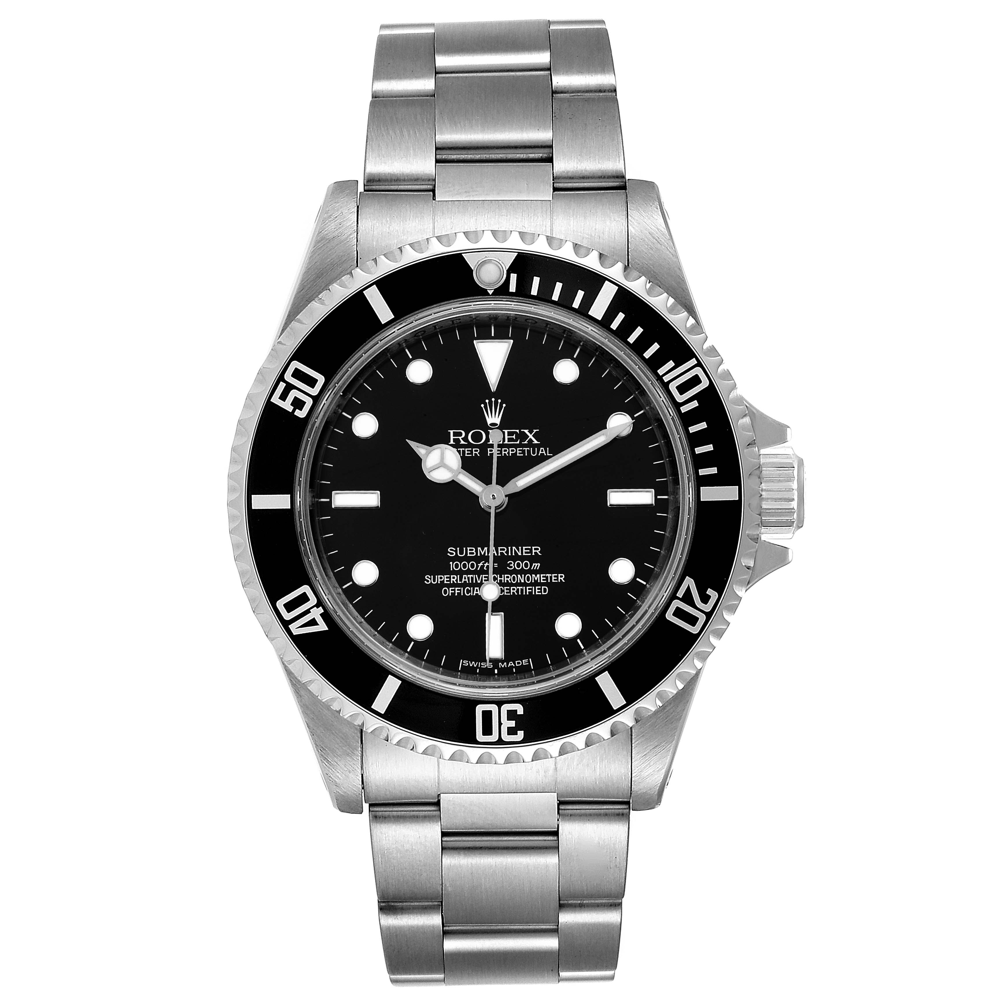 The image shows a front view of a Rolex Submariner 14060 Men
s Stainless Steel Black Dial 14060 Men
s Stainless Steel Black Dial watch, displaying its dial, bezel, and bracelet.