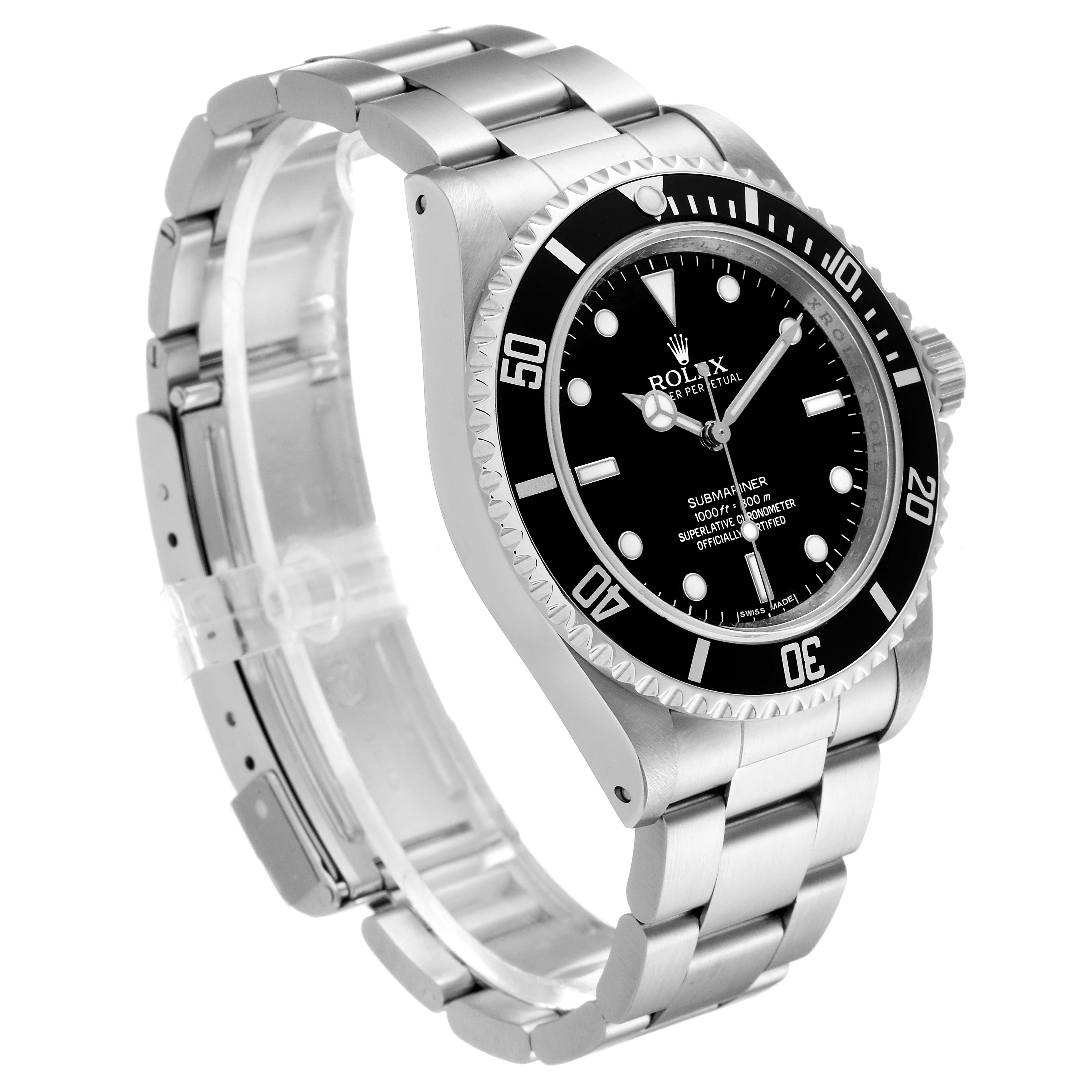 The image shows a side and front angle of a Rolex Submariner 14060 Men
s Stainless Steel Black Dial 14060 Men
s Stainless Steel Black Dial watch, highlighting its bracelet, bezel, and dial.
