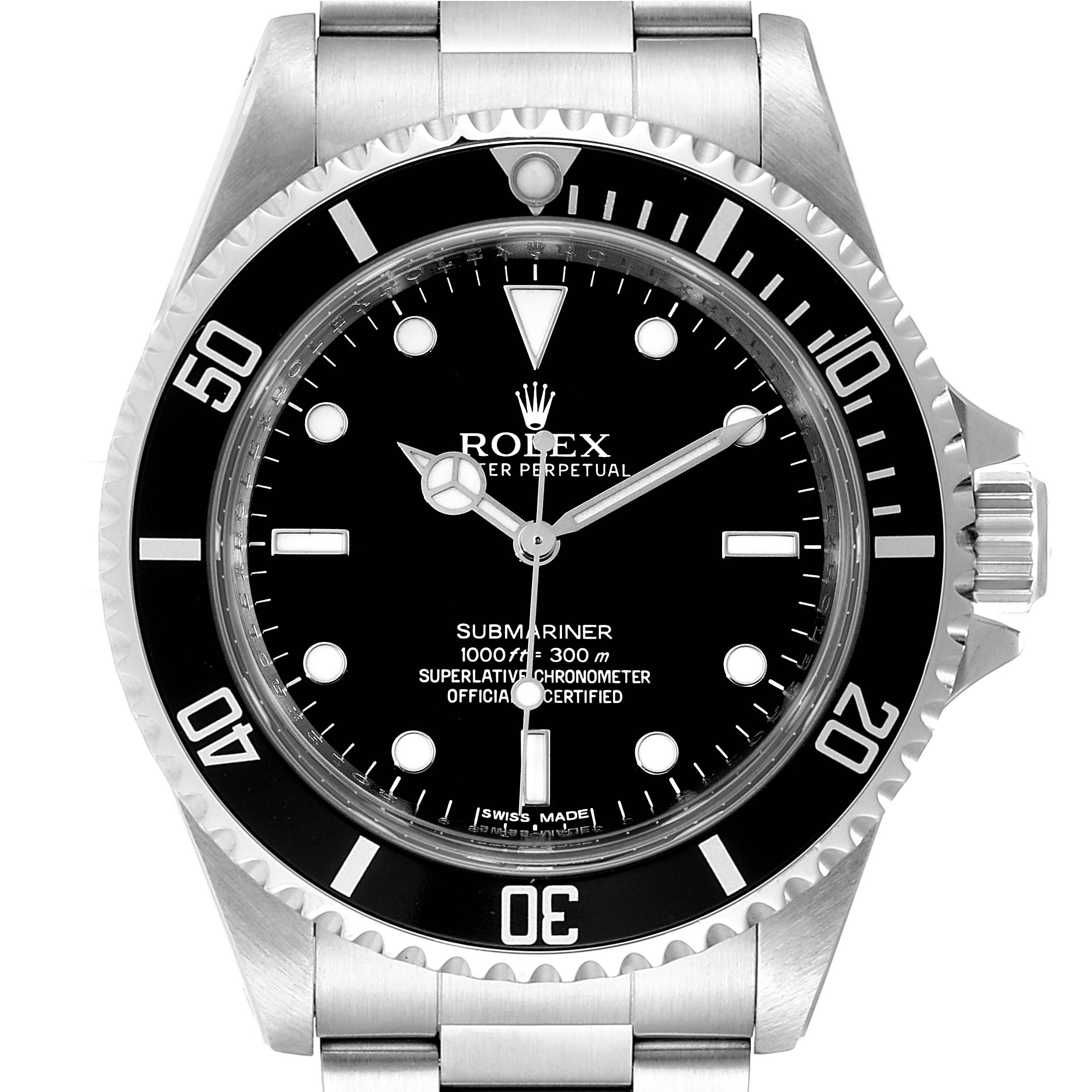 The image shows a front view of the Rolex Submariner 14060 Men
s Stainless Steel Black Dial 14060 Men
s Stainless Steel Black Dial watch, featuring the dial, bezel, crown, and part of the bracelet.