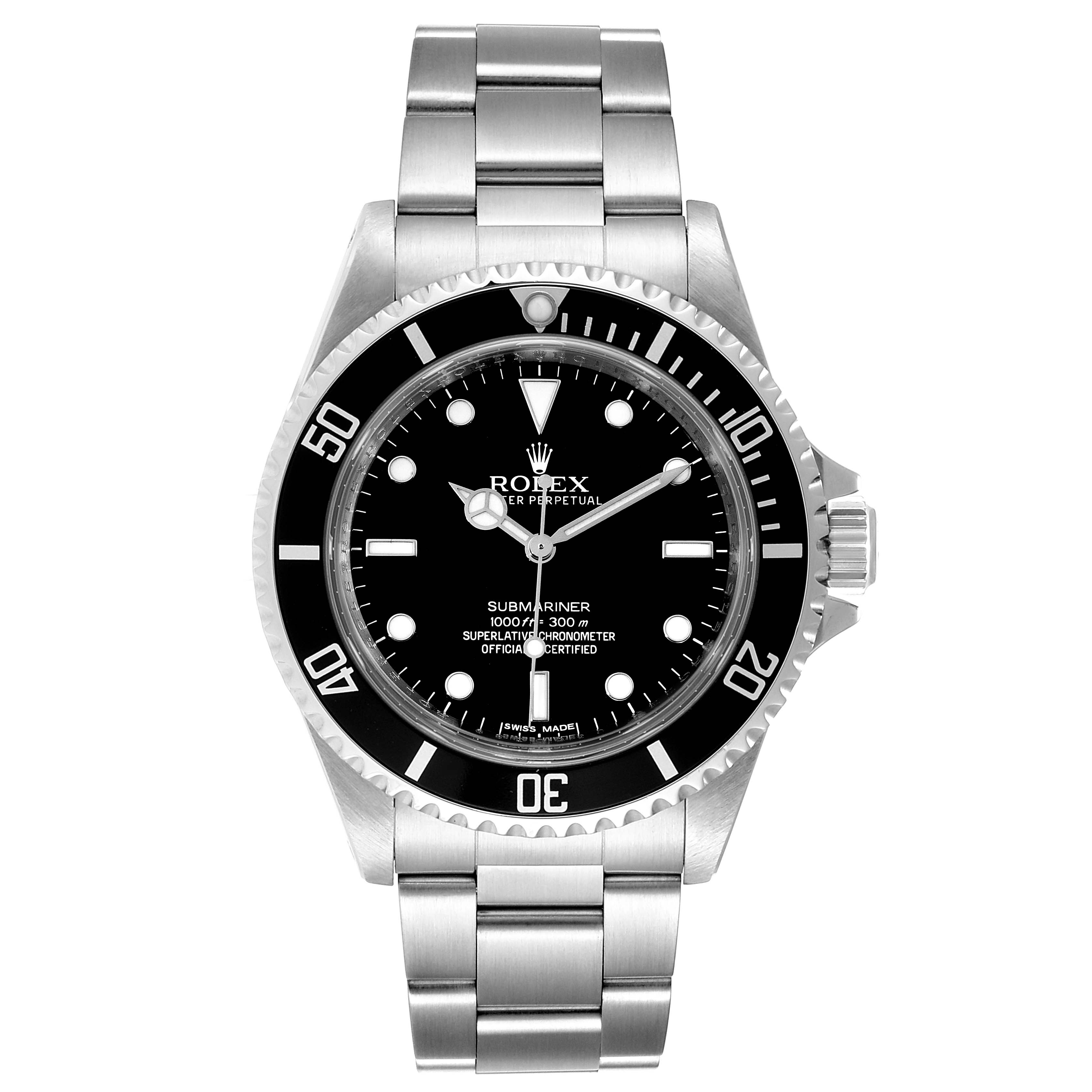 The image shows a front view of a Rolex Submariner 14060 Men
s Stainless Steel Black Dial 14060 Men
s Stainless Steel Black Dial watch with its face, bezel, and stainless steel bracelet visible.