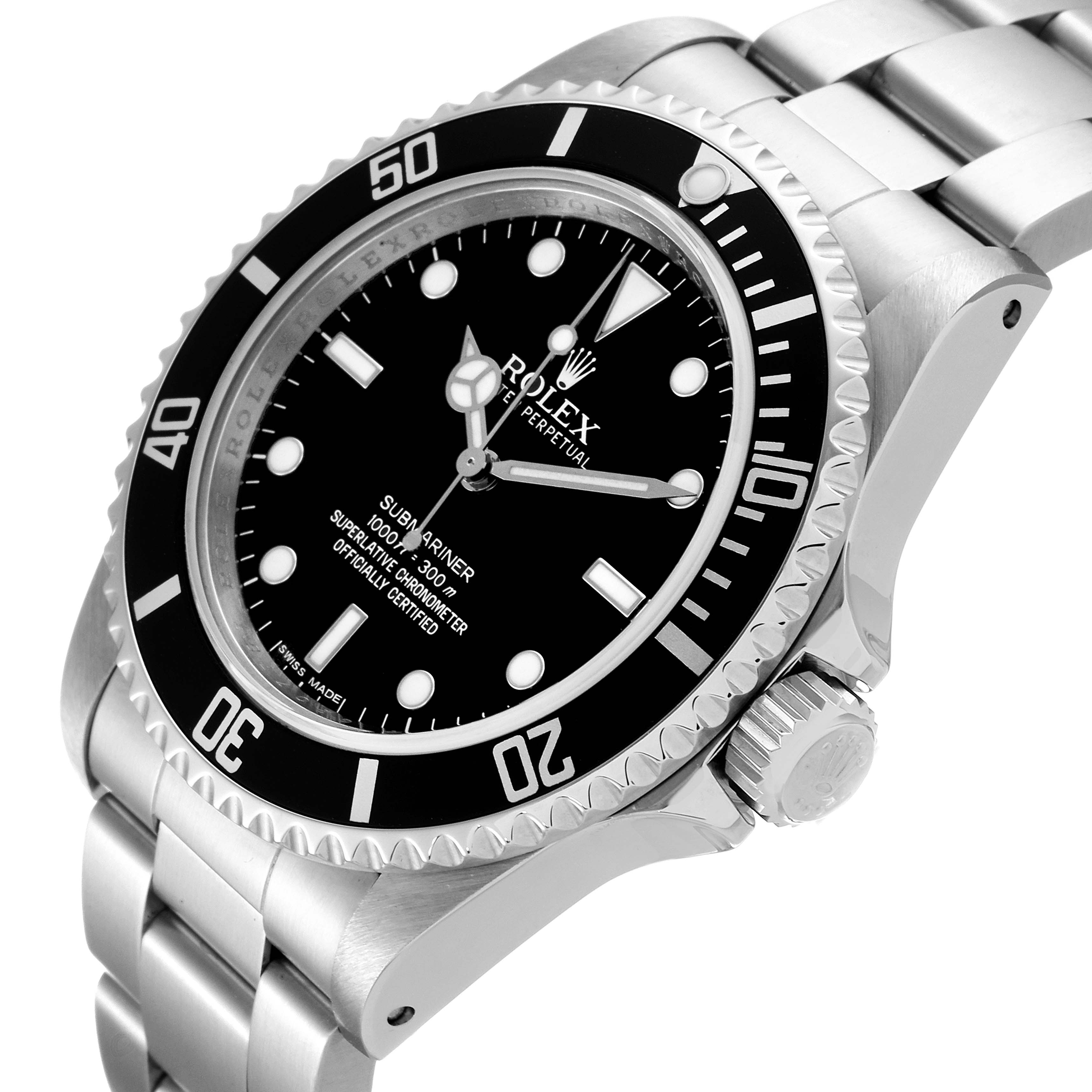 This is a close-up angle showing the face, bezel, crown, and part of the bracelet of the Rolex Submariner 14060 Men
s Stainless Steel Black Dial 14060 Men
s Stainless Steel Black Dial watch.