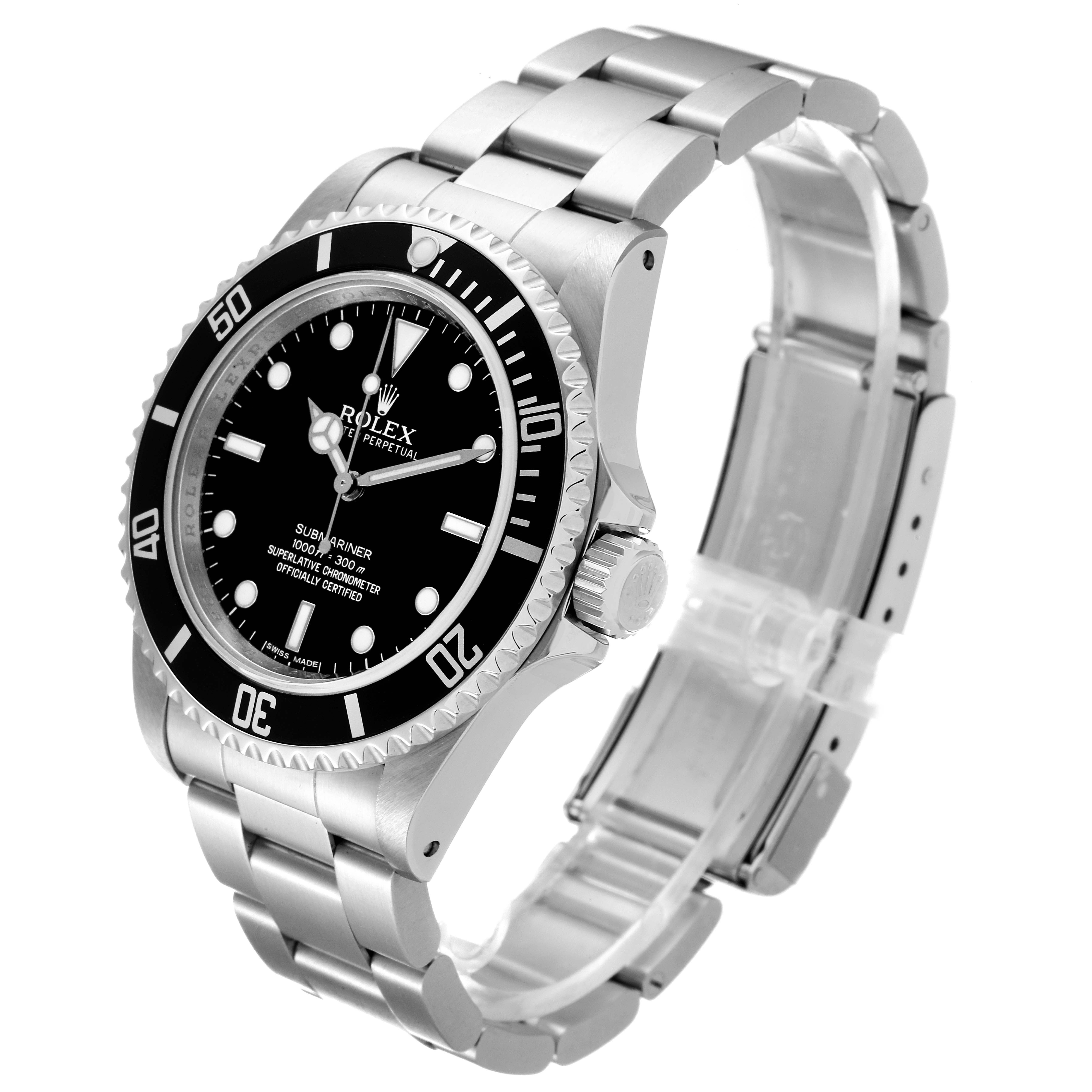 The Rolex Submariner 14060 Men
s Stainless Steel Black Dial 14060 Men
s Stainless Steel Black Dial watch is shown at a three-quarter angle, highlighting the bezel, dial, crown, and bracelet.