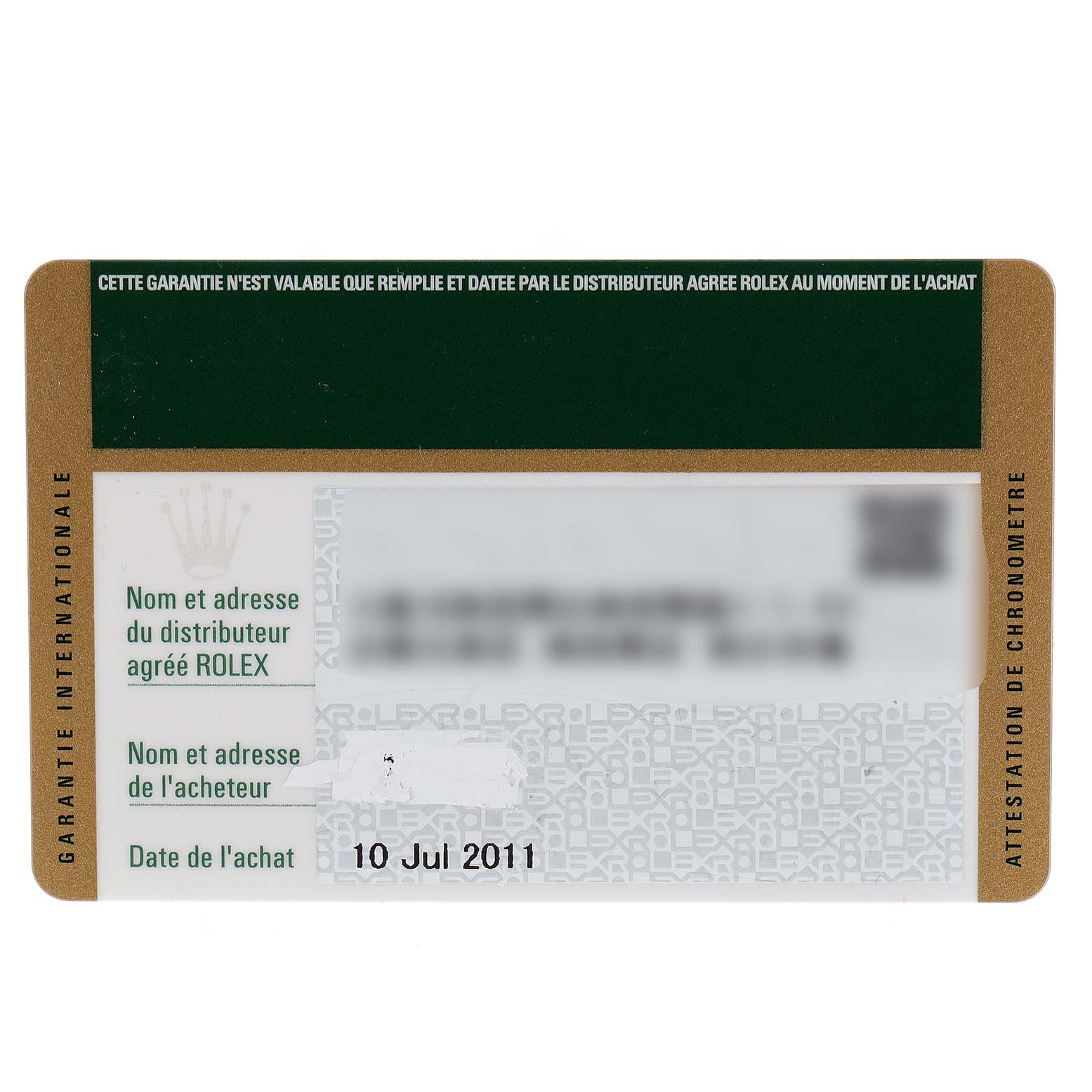 The image shows the warranty card for a Rolex Submariner 14060 Men
s Stainless Steel Black Dial 14060 Men
s Stainless Steel Black Dial watch dated July 10, 2011.