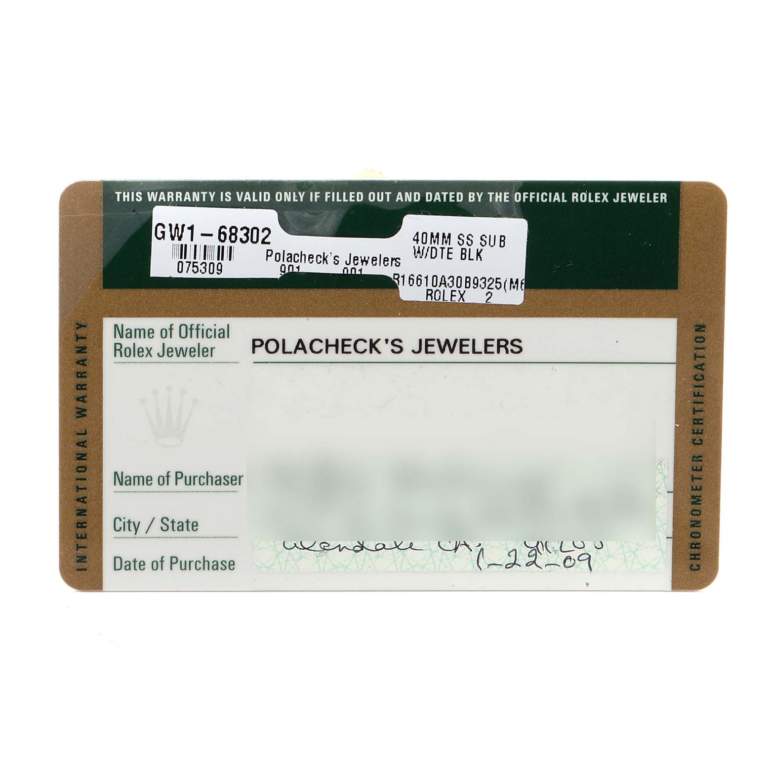 The image shows a warranty card for a Rolex Submariner 16610 Men
s Stainless Steel Black Dial 16610 Men
s Stainless Steel Black Dial model from Polacheck
s Jewelers.
