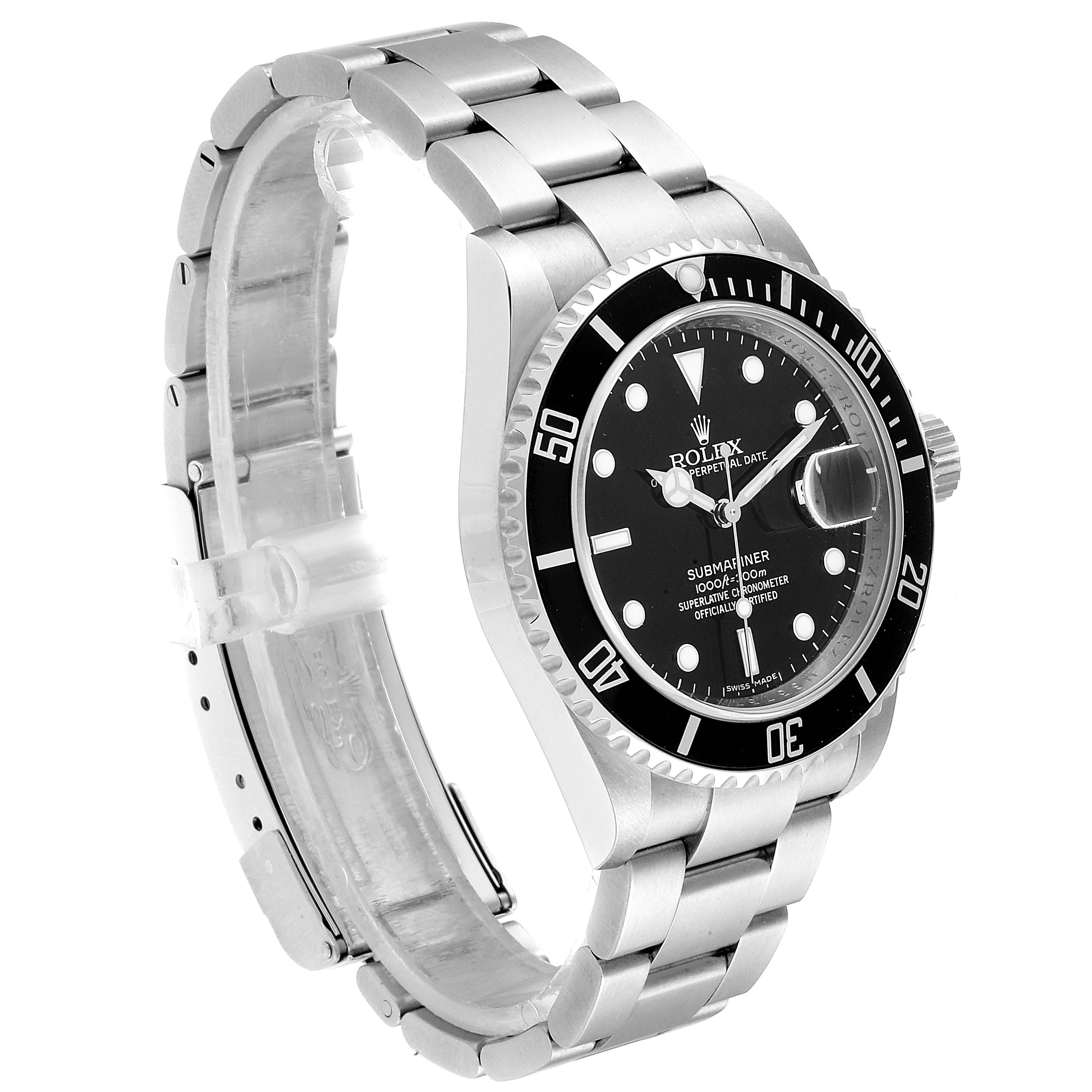 The image shows a side angle of a Rolex Submariner 16610 Men
s Stainless Steel Black Dial 16610 Men
s Stainless Steel Black Dial watch, highlighting the bracelet and case profile.
