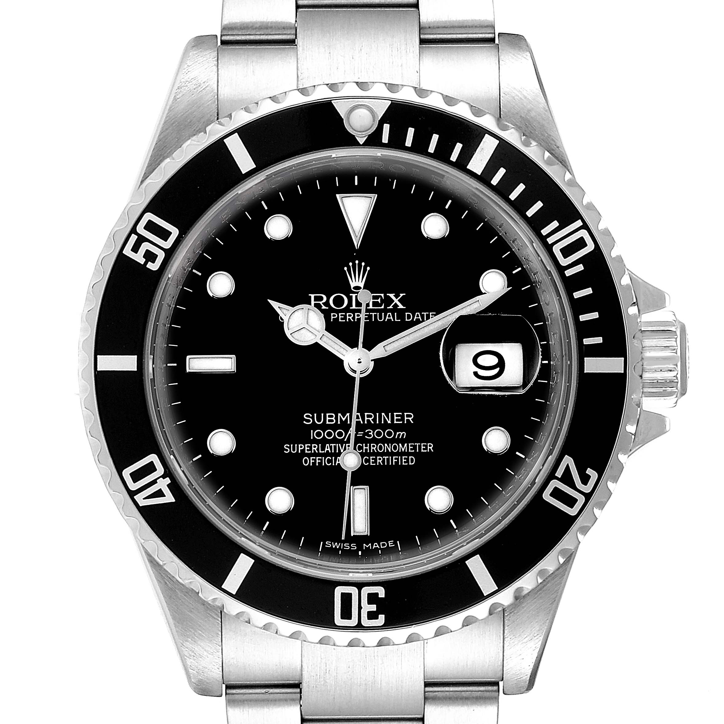 This is a front view of the Rolex Submariner 16610 Men
s Stainless Steel Black Dial 16610 Men
s Stainless Steel Black Dial watch, showing the dial, bezel, hands, and bracelet.