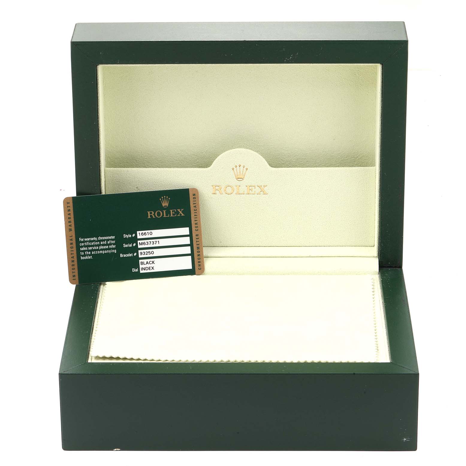 The image shows an empty Rolex watch box and warranty card for the Submariner model.