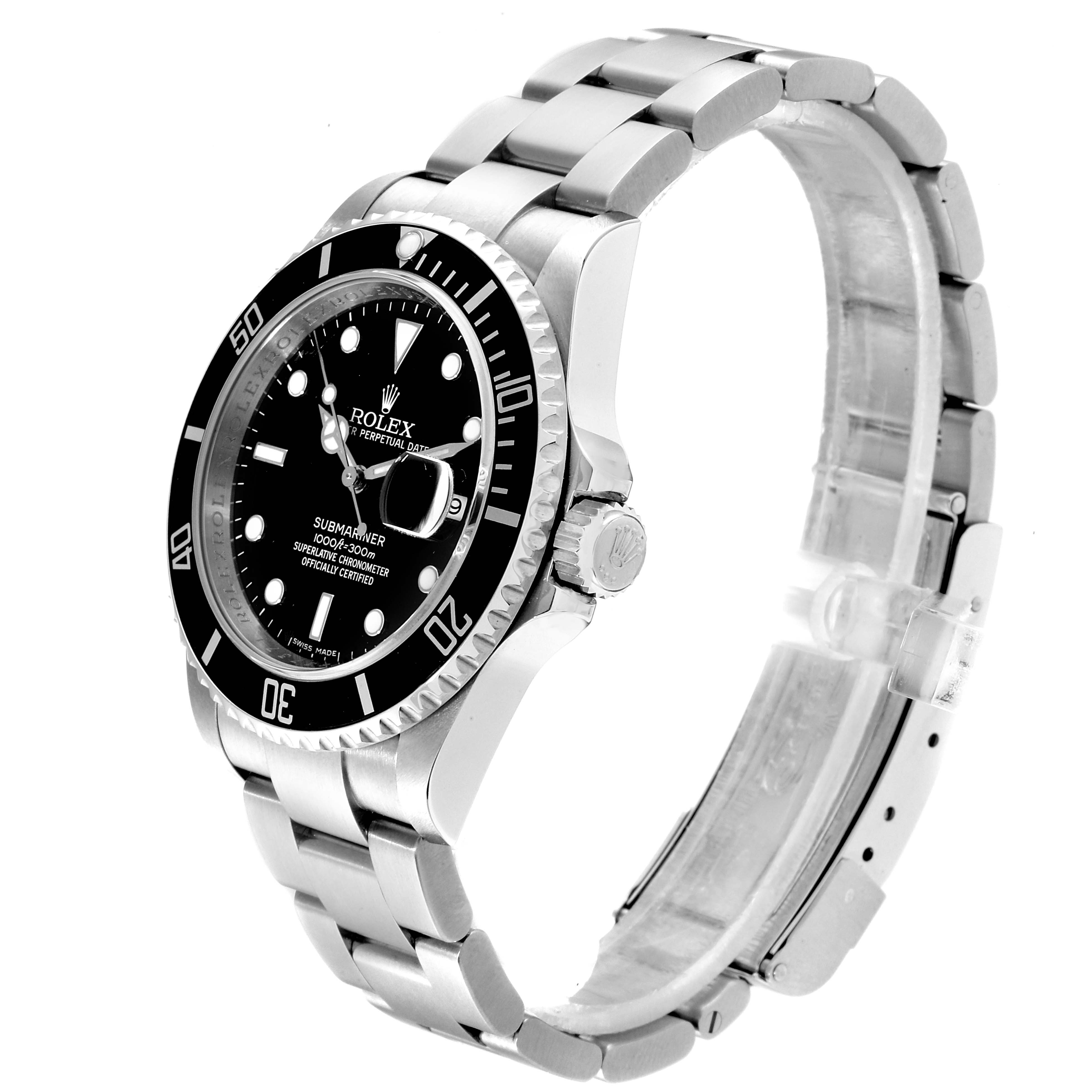 The image shows a Rolex Submariner 16610 Men
s Stainless Steel Black Dial 16610 Men
s Stainless Steel Black Dial watch from a three-quarter front angle, highlighting the dial, bezel, and bracelet.